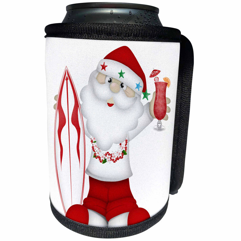 3dRose Anne Marie Baugh - Illustrations - Cute Tropical Santa Claus With A Surf Board Illustration - Can Cooler Bottle Wrap (cc_267651)