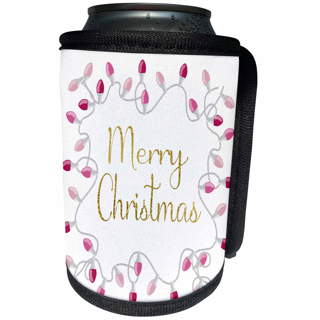 3dRose Anne Marie Baugh - Illustrations - Cute Gold Merry Christmas In Pink Christmas Lights Illustration - Can Cooler Bottle Wrap (cc_267669)