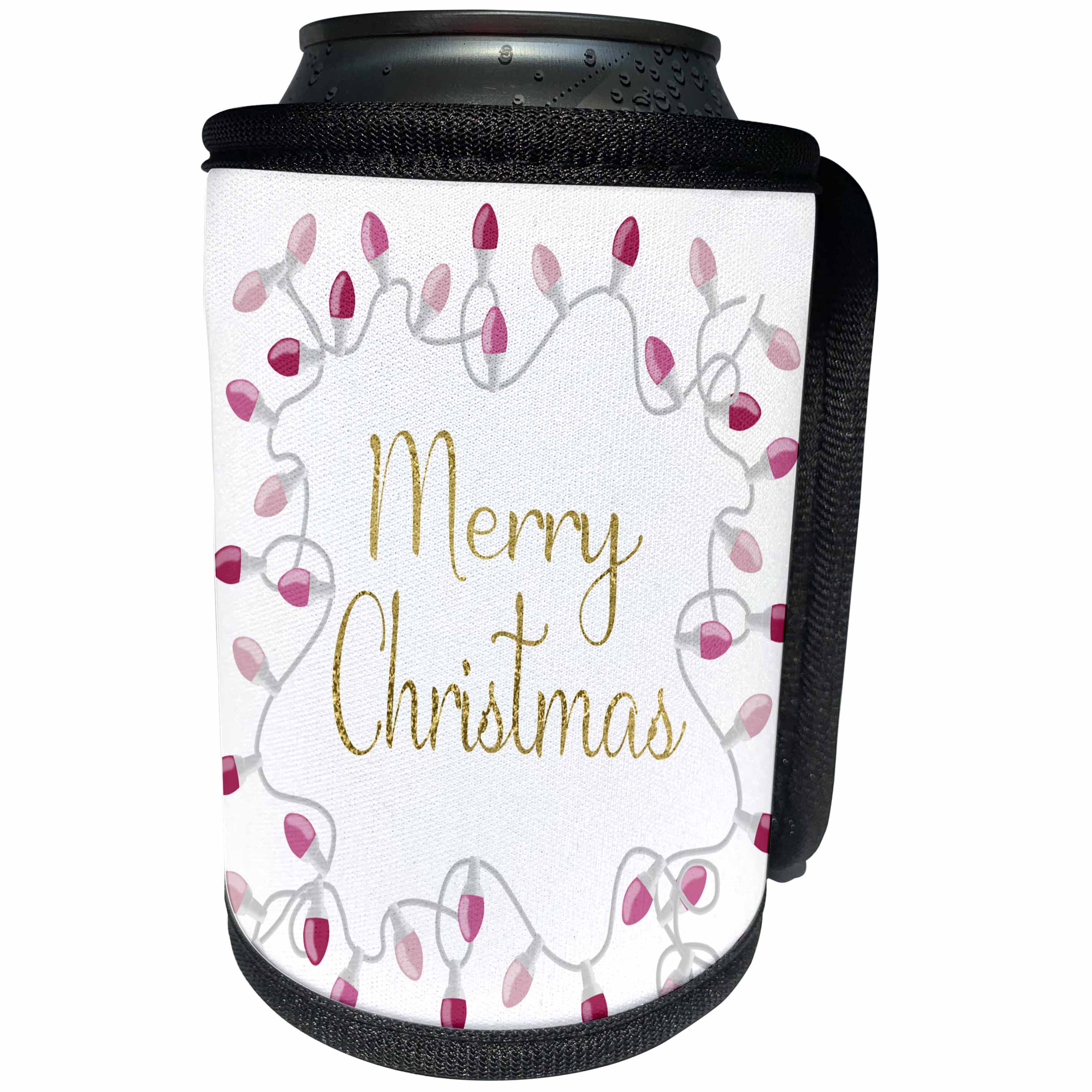 3dRose Anne Marie Baugh - Illustrations - Cute Gold Merry Christmas In Pink Christmas Lights Illustration - Can Cooler Bottle Wrap (cc_267669)