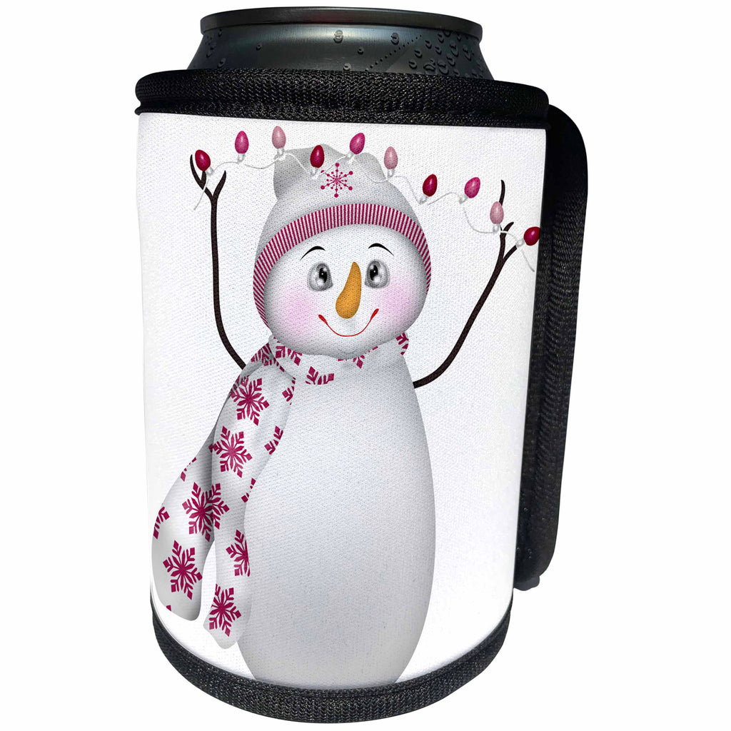 3dRose Anne Marie Baugh - Illustrations - Cute Pink and White Christmas Snowman With Christmas Lights - Can Cooler Bottle Wrap (cc_267670)