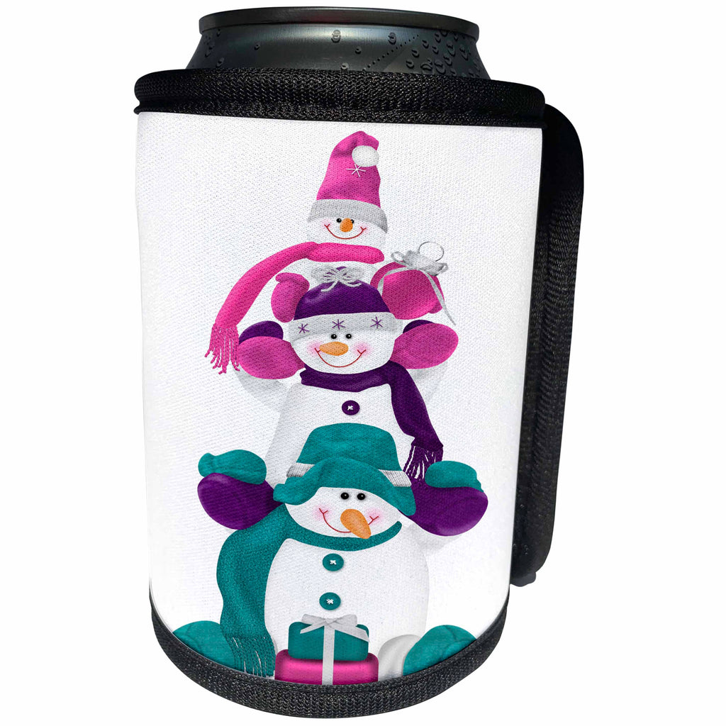 3dRose Anne Marie Baugh - Illustrations - Cute Three Stacked Snowmen In Pink, Purple, And Aqua Illustration - Can Cooler Bottle Wrap (cc_267685)
