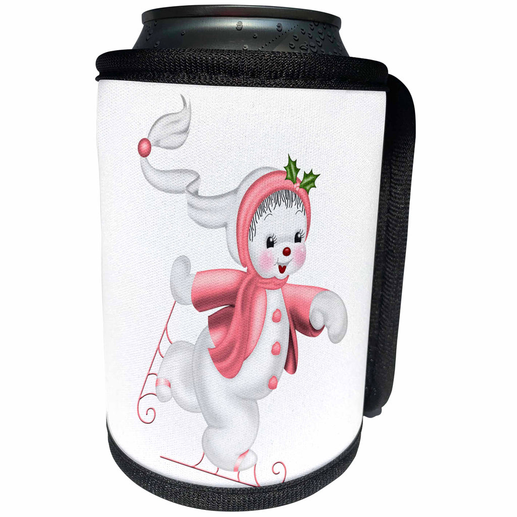 3dRose Anne Marie Baugh - Illustrations - Cute Pink and White Ice Skating Snowman Illustration - Can Cooler Bottle Wrap (cc_267691)