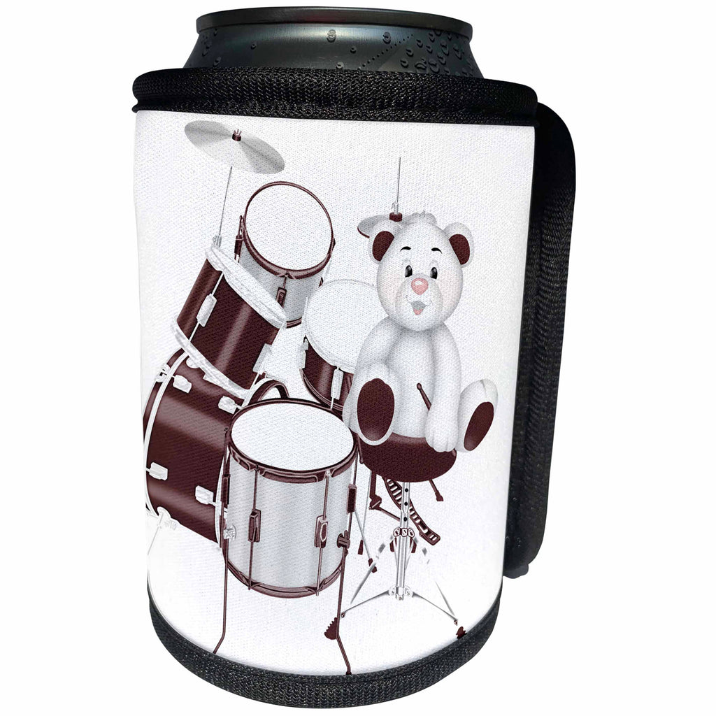 3dRose Anne Marie Baugh - Illustrations - Cute Brown and White Bear With A Set of Drums Illustration - Can Cooler Bottle Wrap (cc_267698)
