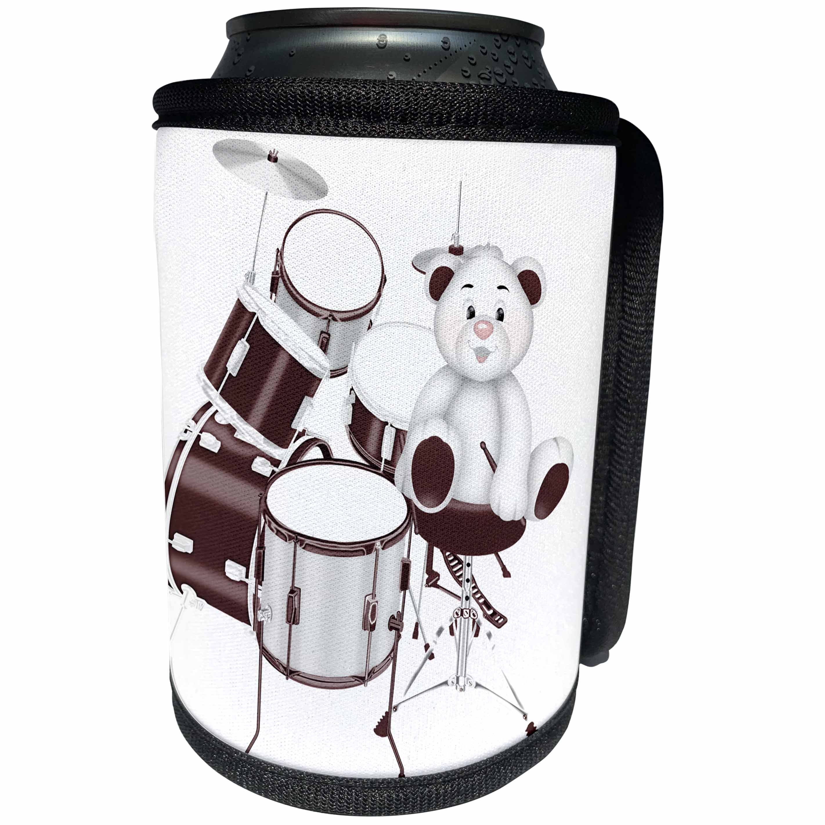 3dRose Anne Marie Baugh - Illustrations - Cute Brown and White Bear With A Set of Drums Illustration - Can Cooler Bottle Wrap (cc_267698)