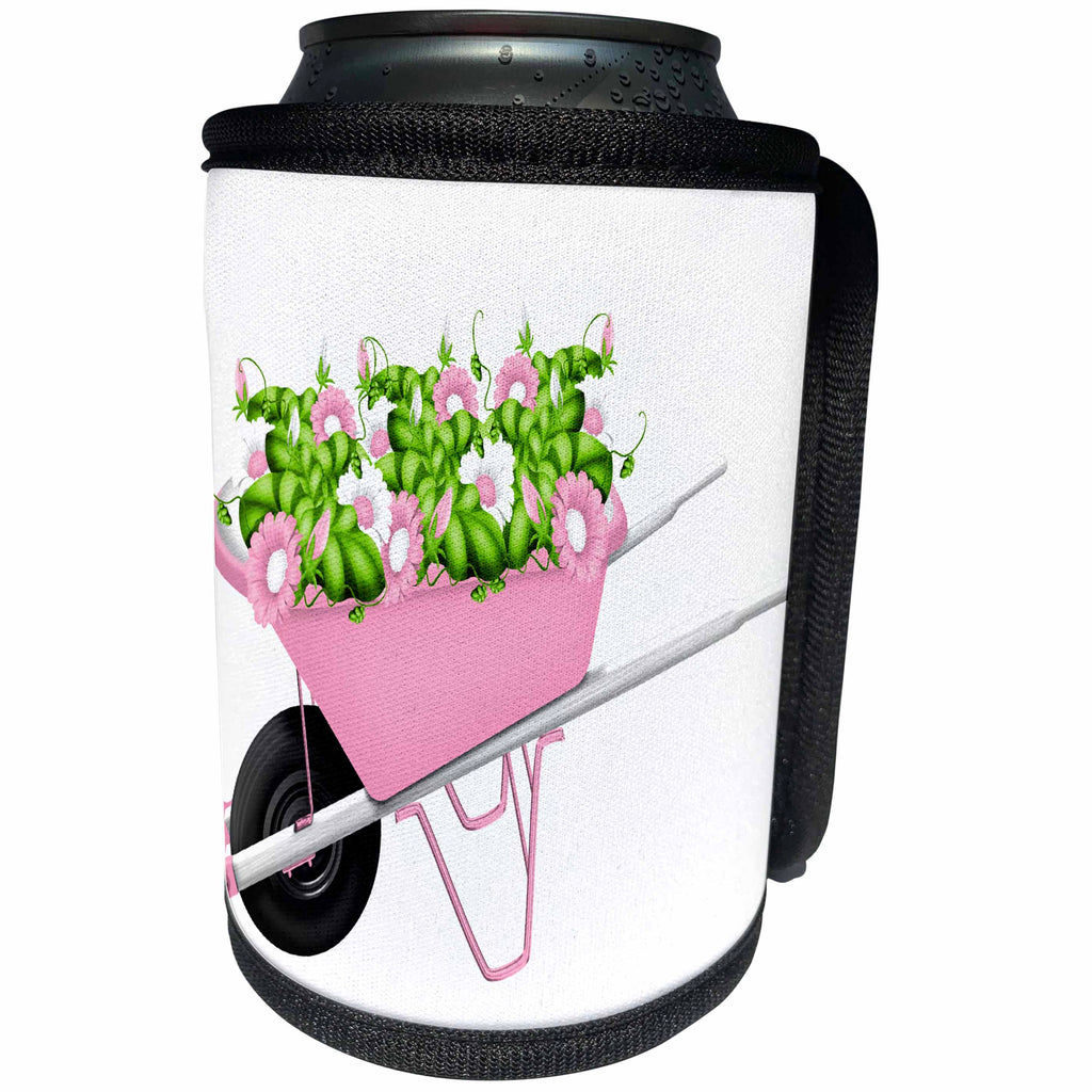 3dRose Anne Marie Baugh - Illustrations - Cute Pink Wheelbarrel With Pink and White Flowers Illustration - Can Cooler Bottle Wrap (cc_267711)