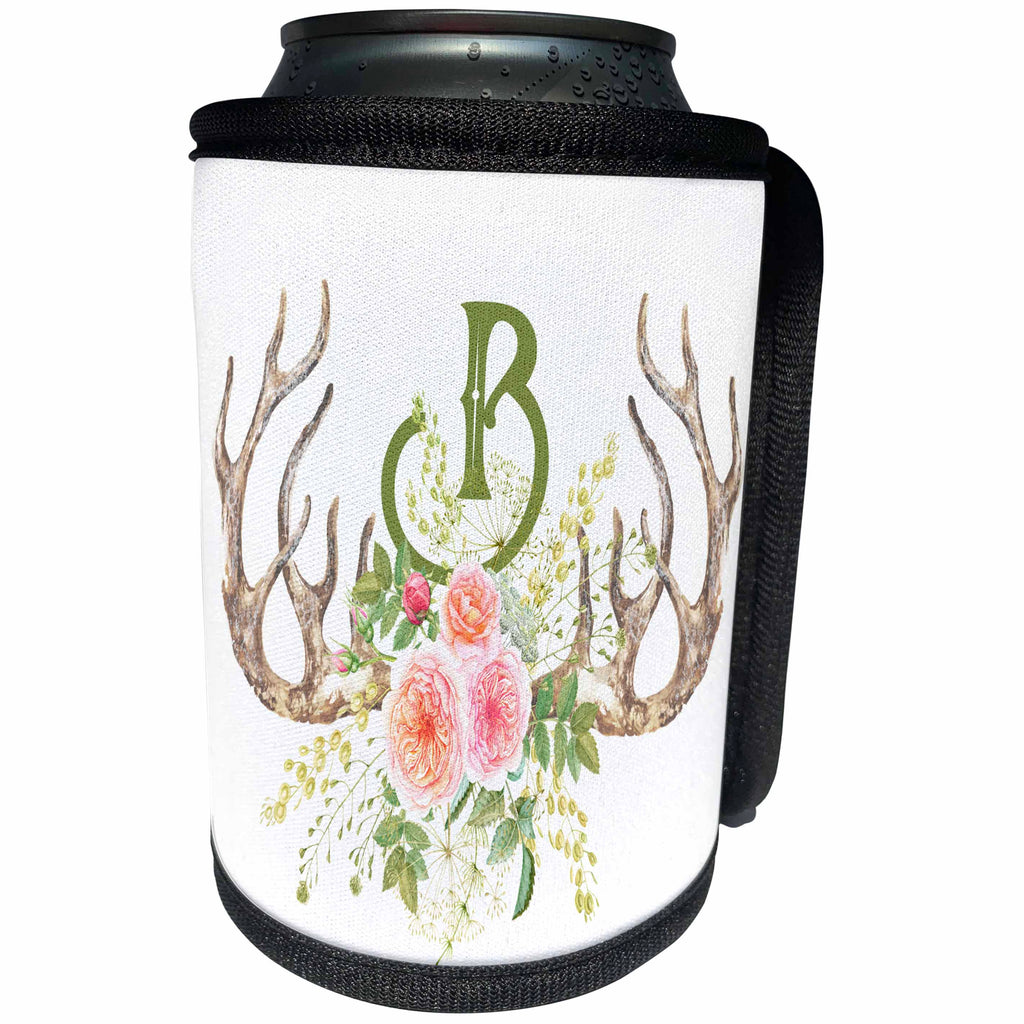 3dRose Anne Marie Baugh - Monograms - Pretty Pink Rose Antler Monogram Initial B Watercolor Illustration - Can Cooler Bottle Wrap (cc_267716)