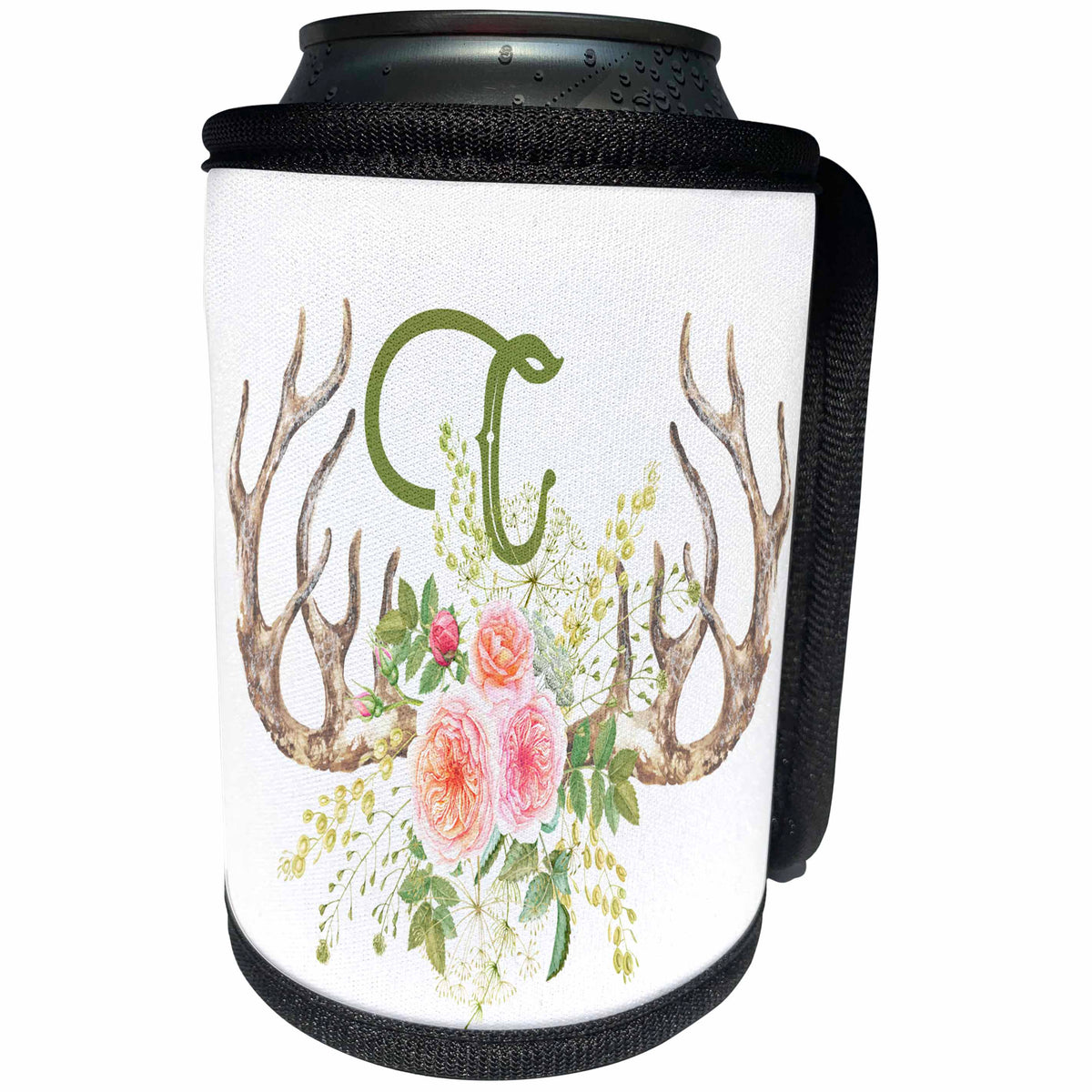 3dRose Anne Marie Baugh - Monograms - Pretty Pink Rose Antler Monogram Initial C Watercolor Illustration - Can Cooler Bottle Wrap (cc_267717)