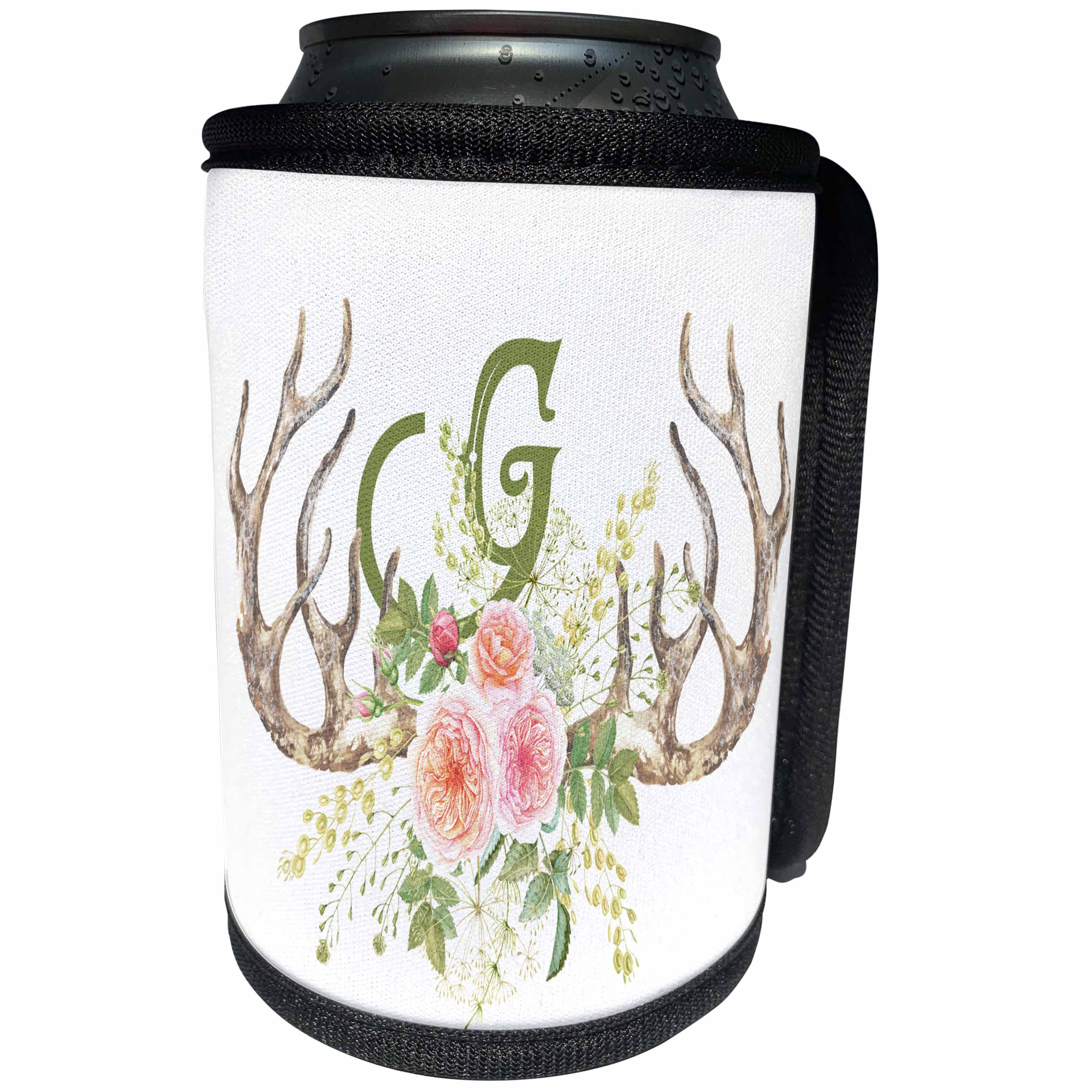 3dRose Anne Marie Baugh - Monograms - Pretty Pink Rose Antler Monogram Initial G Watercolor Illustration - Can Cooler Bottle Wrap (cc_267718)