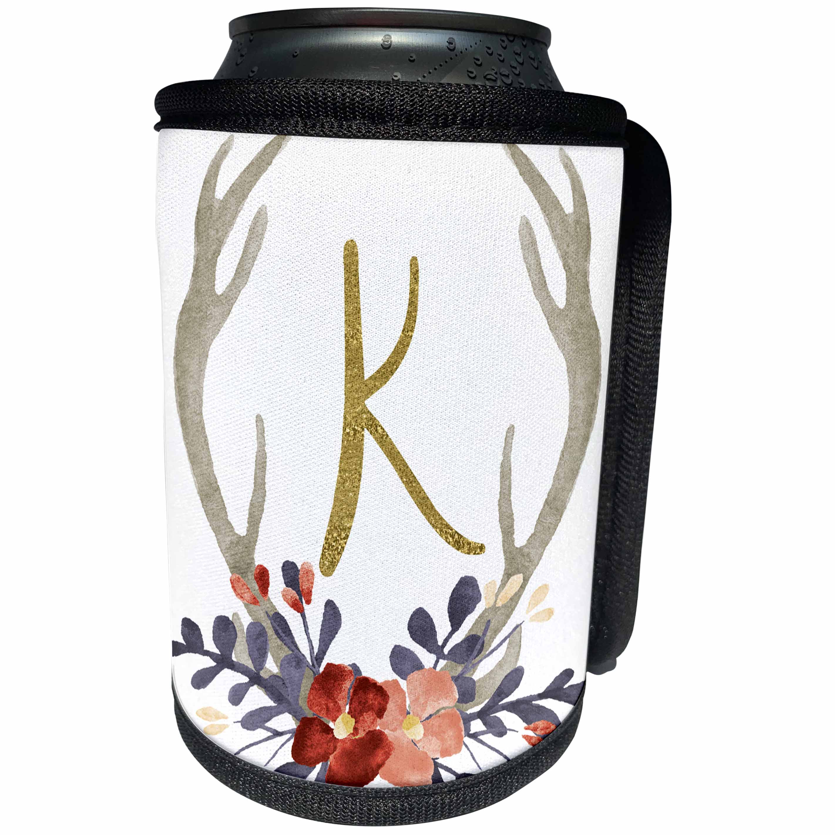 3dRose Anne Marie Baugh - Monograms - Glam Gold K Monogram In A Watercolor Pink and Blue Floral Antler - Can Cooler Bottle Wrap (cc_267722)