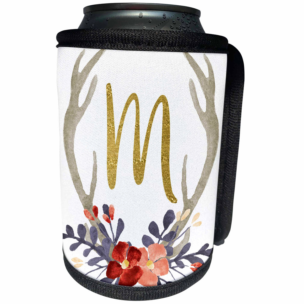 3dRose Anne Marie Baugh - Monograms - Glam Gold M Monogram In A Watercolor Pink and Blue Floral Antler - Can Cooler Bottle Wrap (cc_267723)