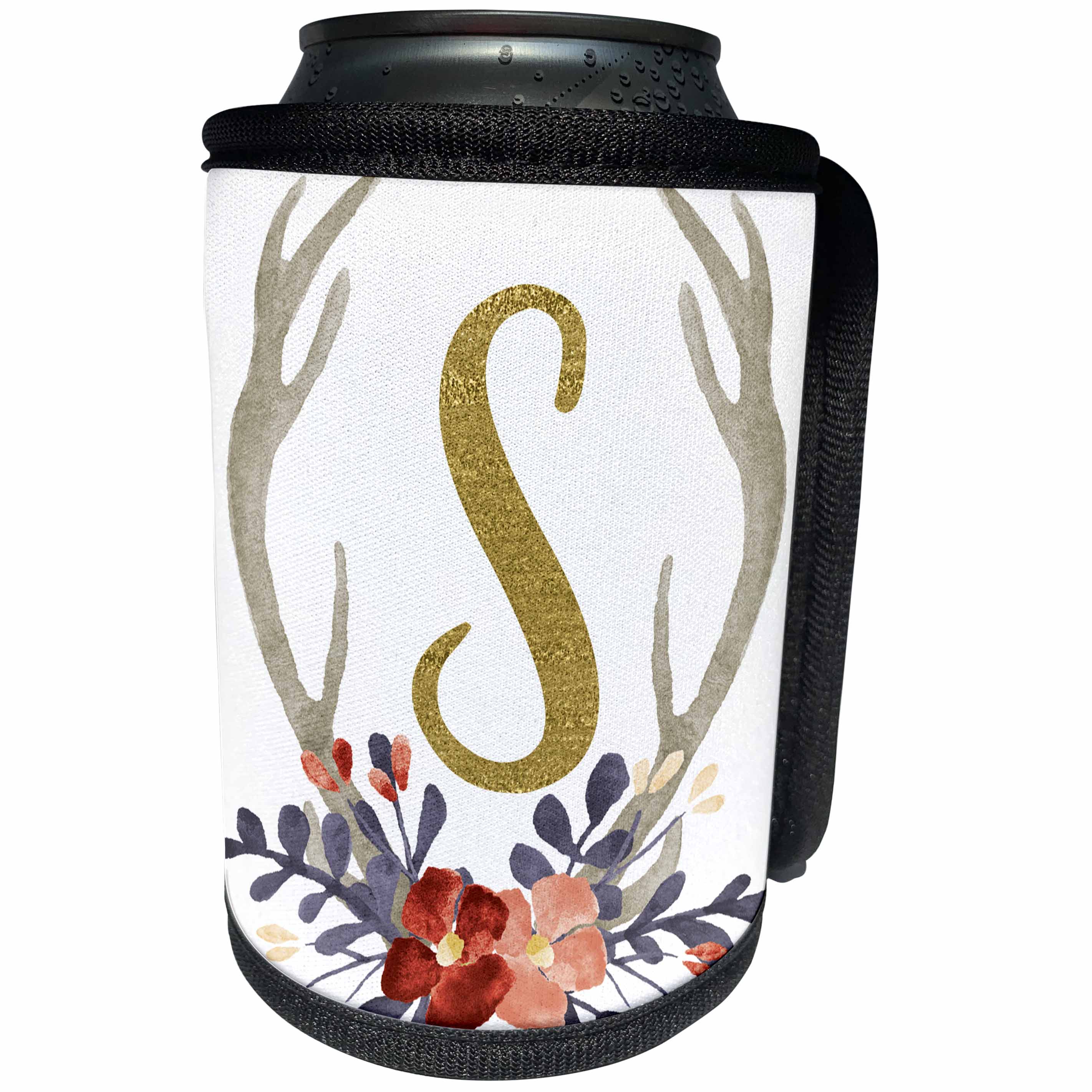 3dRose Anne Marie Baugh - Monograms - Glam Gold S Monogram In A Watercolor Pink and Blue Floral Antlers - Can Cooler Bottle Wrap (cc_267724)