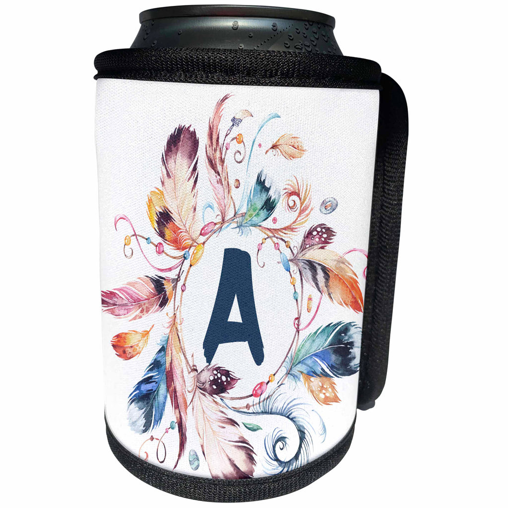 3dRose Anne Marie Baugh - Monograms - Boho Feather Wreath with A Monogram A Initial Watercolor Design - Can Cooler Bottle Wrap (cc_267725)