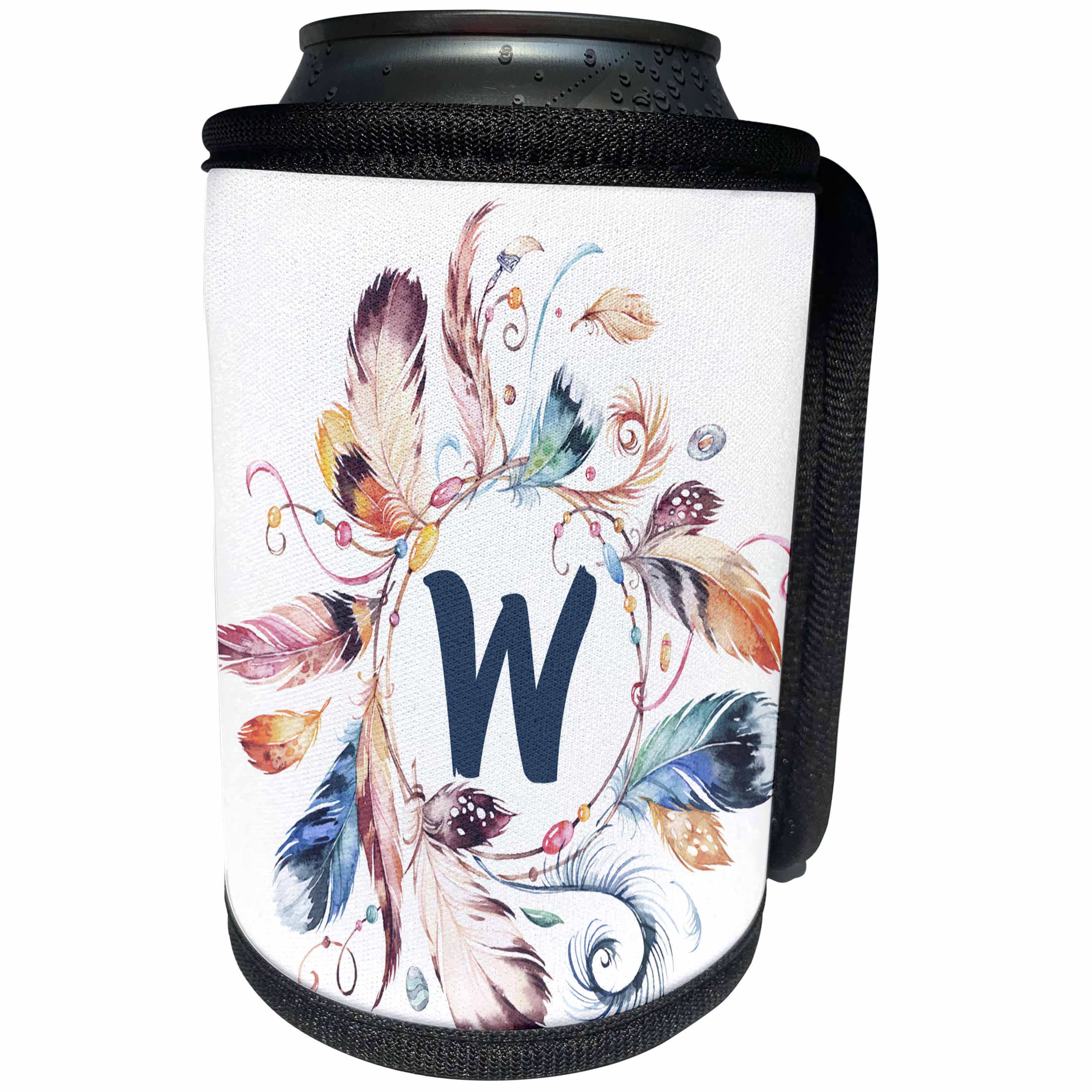 3dRose Anne Marie Baugh - Monograms - Boho Feather Wreath with A Monogram W Initial Watercolor Design - Can Cooler Bottle Wrap (cc_267726)
