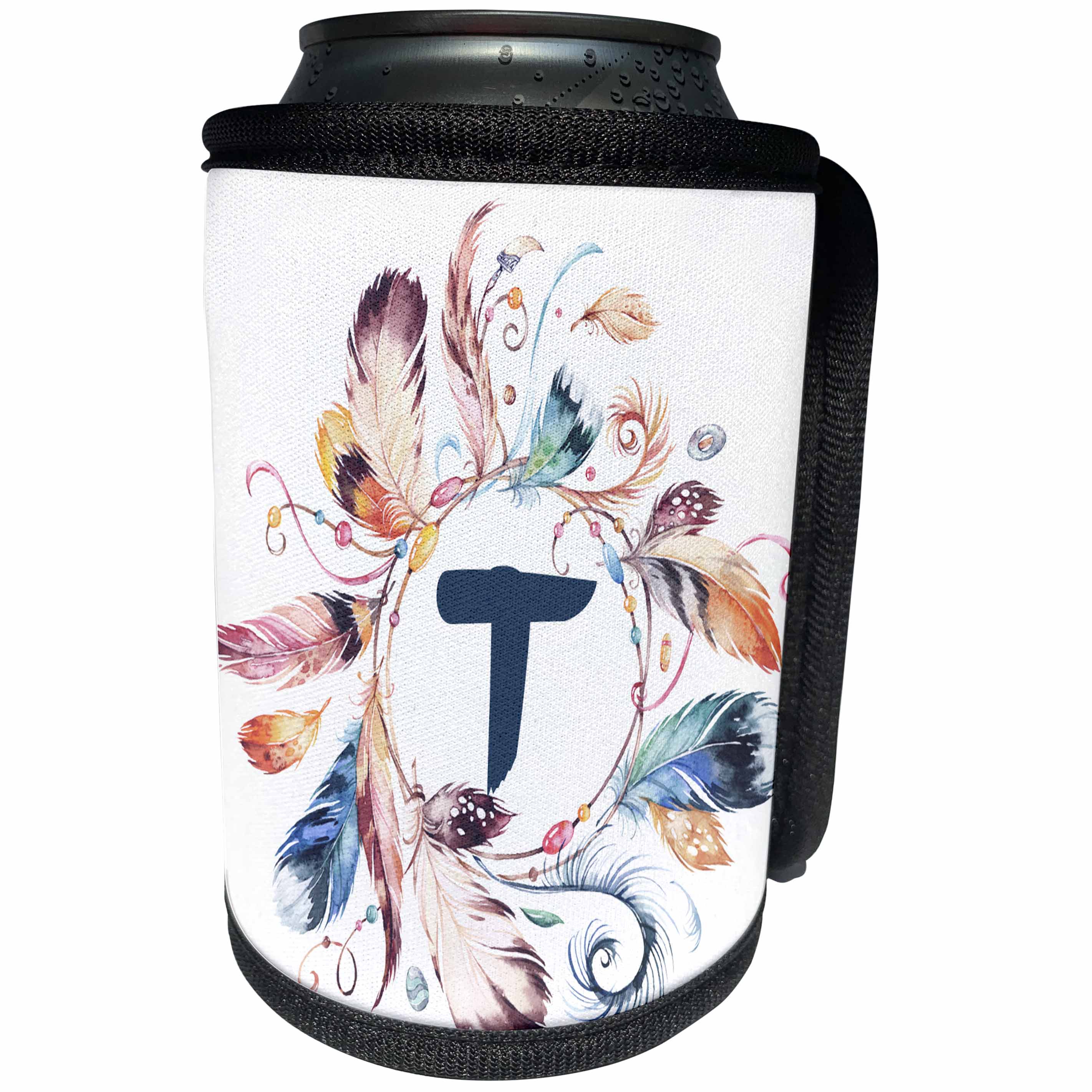 3dRose Anne Marie Baugh - Monograms - Boho Feather Wreath with A Monogram T Initial Watercolor Design - Can Cooler Bottle Wrap (cc_267727)