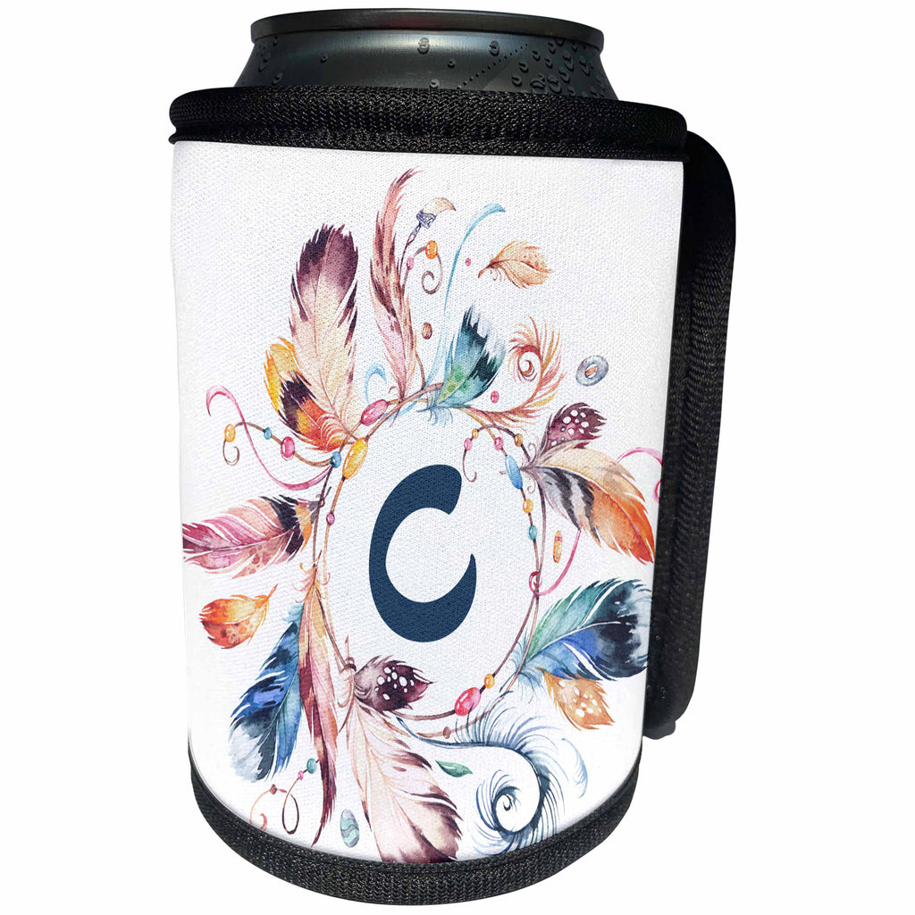 3dRose Anne Marie Baugh - Monograms - Boho Feather Wreath with A Monogram C Initial Watercolor Design - Can Cooler Bottle Wrap (cc_267728)