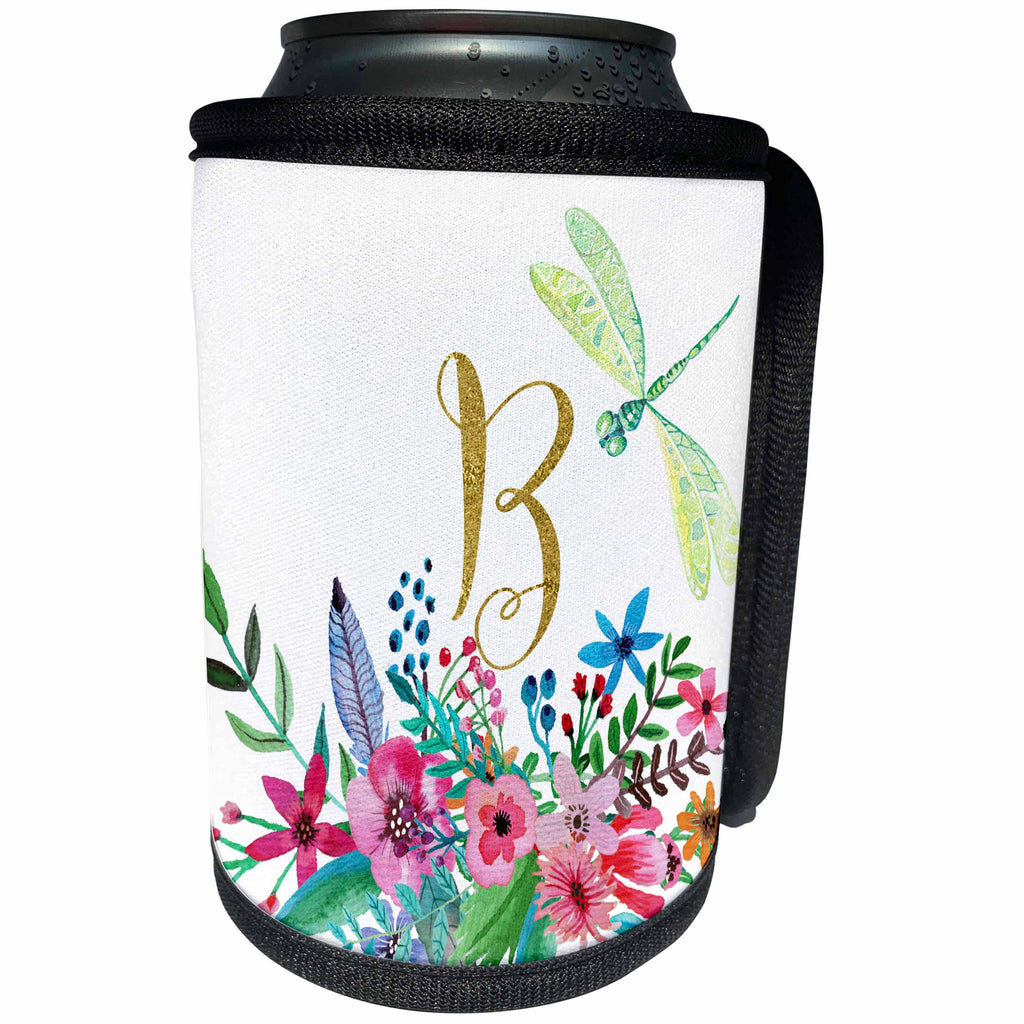 3dRose Anne Marie Baugh - Monograms - Pretty Watercolor Floral Green Dragonfly, Gold Monogram B Design - Can Cooler Bottle Wrap (cc_267731)