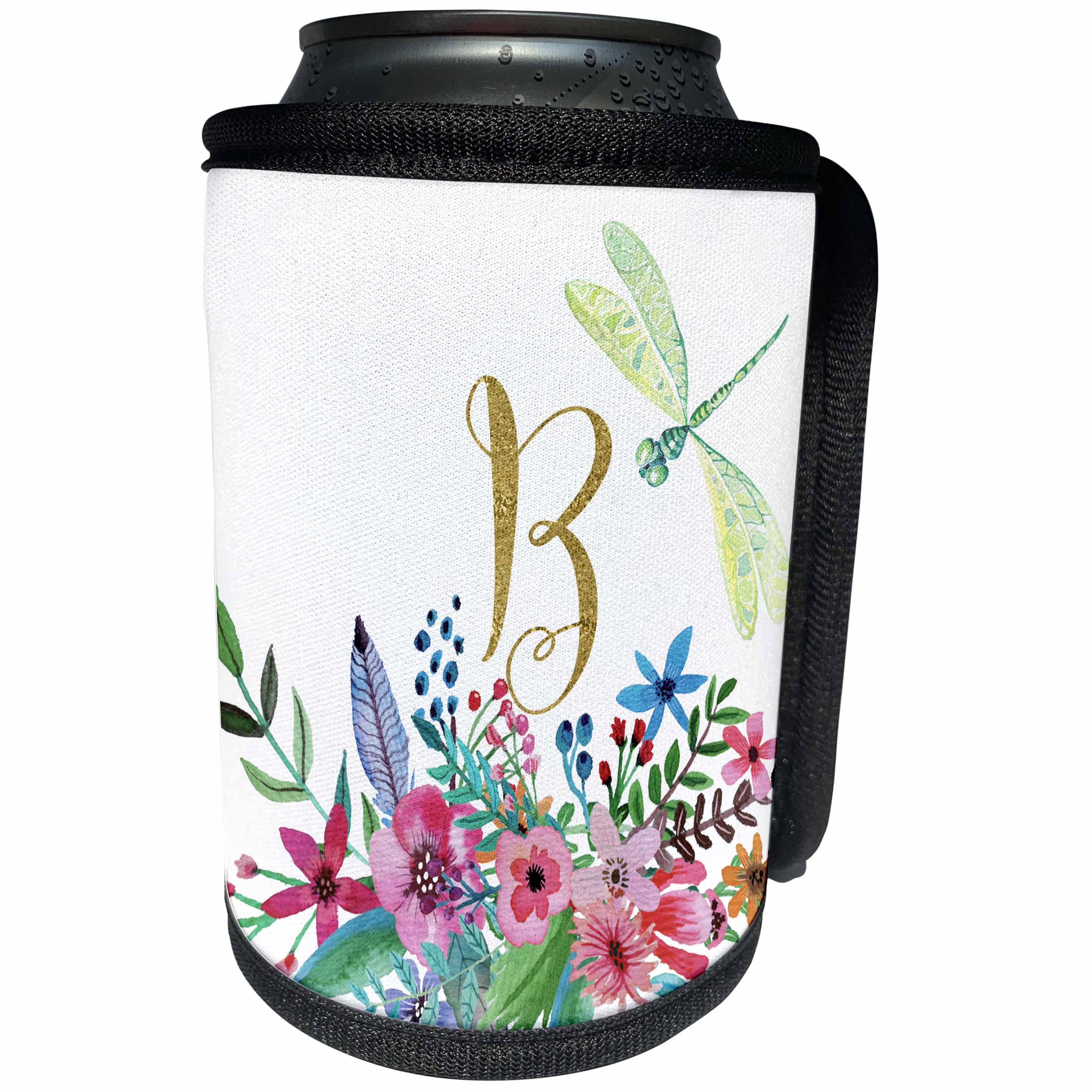 3dRose Anne Marie Baugh - Monograms - Pretty Watercolor Floral Green Dragonfly, Gold Monogram B Design - Can Cooler Bottle Wrap (cc_267731)