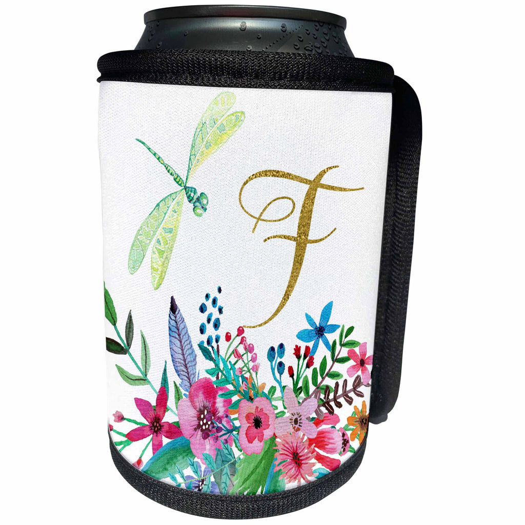 3dRose Anne Marie Baugh - Monograms - Pretty Watercolor Floral Green Dragonfly, Gold Monogram F Design - Can Cooler Bottle Wrap (cc_267732)