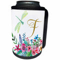 3dRose Anne Marie Baugh - Monograms - Pretty Watercolor Floral Green Dragonfly, Gold Monogram F Design - Can Cooler Bottle Wrap (cc_267732)