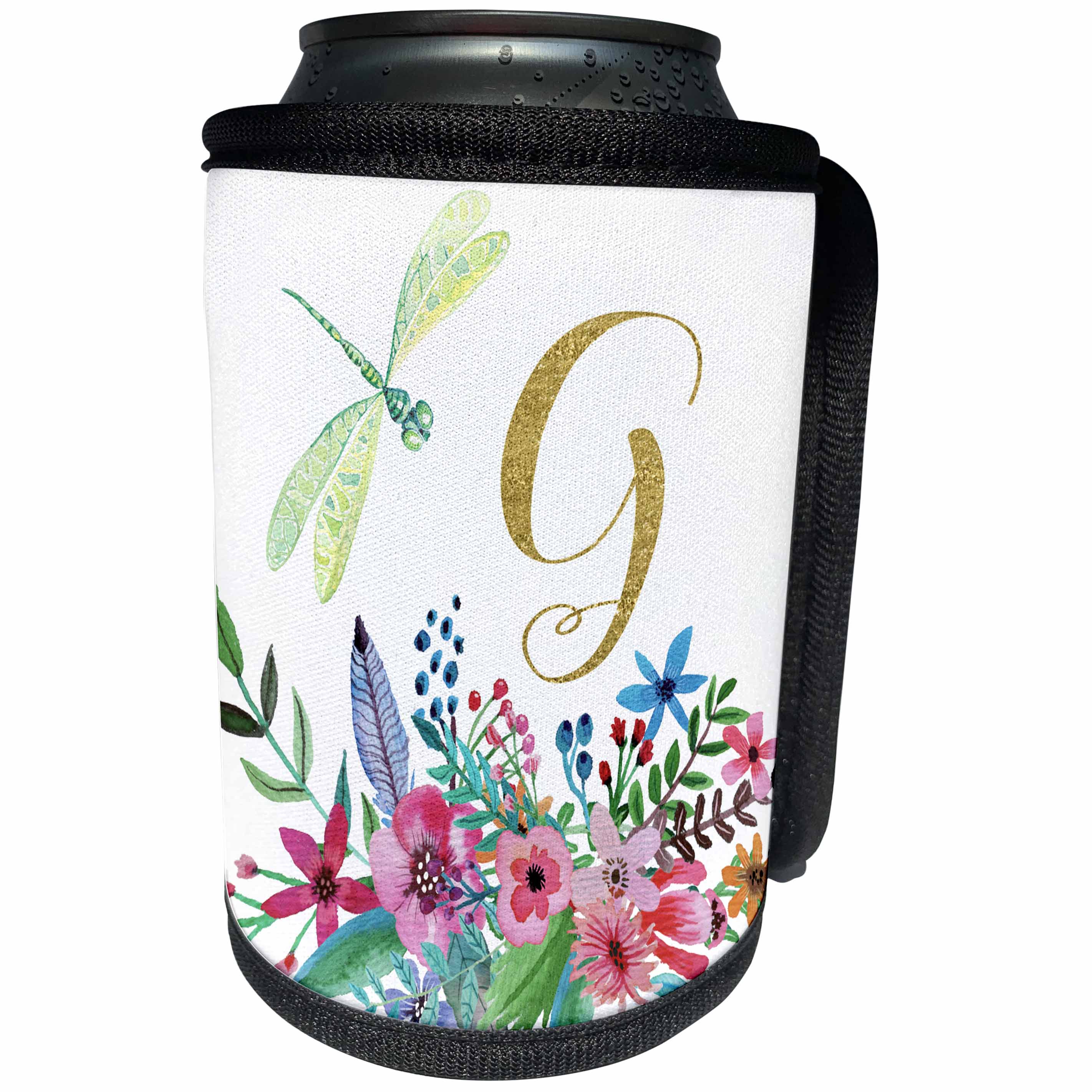 3dRose Anne Marie Baugh - Monograms - Pretty Watercolor Floral, Green Dragonfly, Gold Monogram G Design - Can Cooler Bottle Wrap (cc_267733)