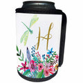 3dRose Anne Marie Baugh - Monograms - Pretty Watercolor Floral, Green Dragonfly, Gold Monogram H Design - Can Cooler Bottle Wrap (cc_267734)