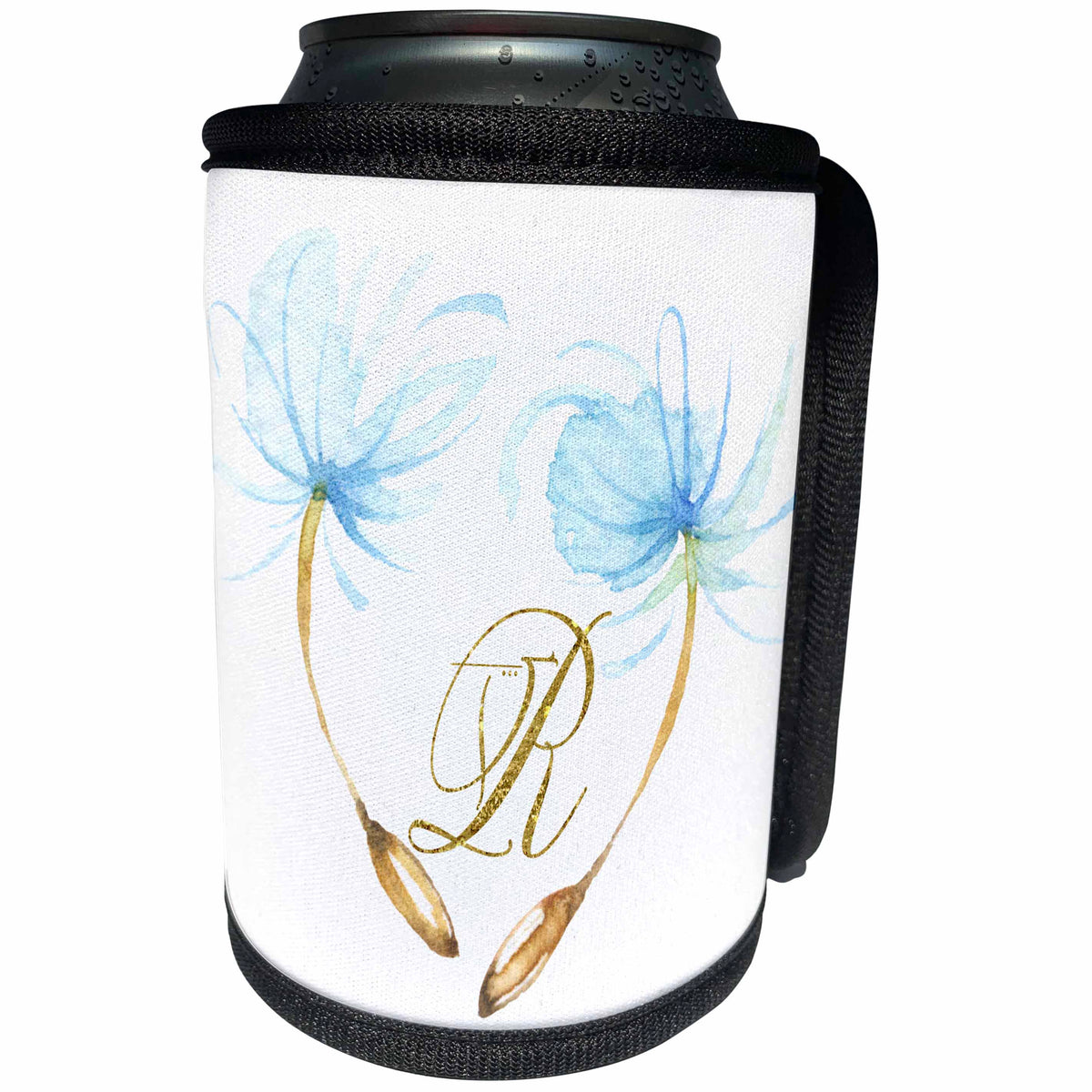 3dRose Anne Marie Baugh - Monograms - Pretty Watercolor Blue Dandelion Wishes, Gold Monogram R Design - Can Cooler Bottle Wrap (cc_267737)