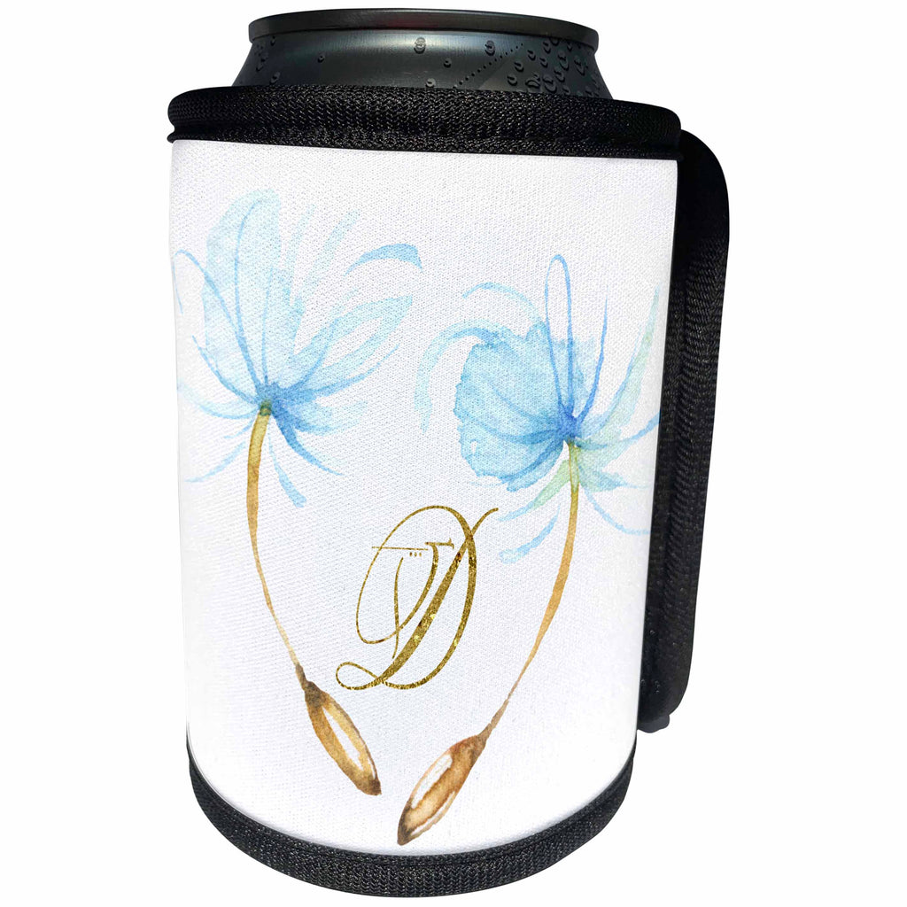 3dRose Anne Marie Baugh - Monograms - Pretty Watercolor Blue Dandelion Wishes, Gold Monogram D Design - Can Cooler Bottle Wrap (cc_267739)