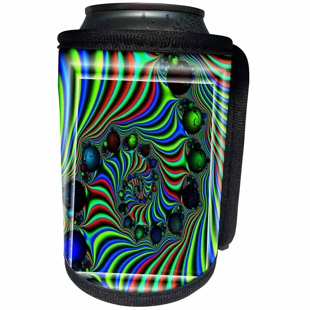 3dRose mimulux Psychedellic Art - PSYCHEDELLICA psychedellic green blue red green spiral spiralling baubles hypnotizing mesmerizing - Can Cooler Bottle Wrap (cc_26774)