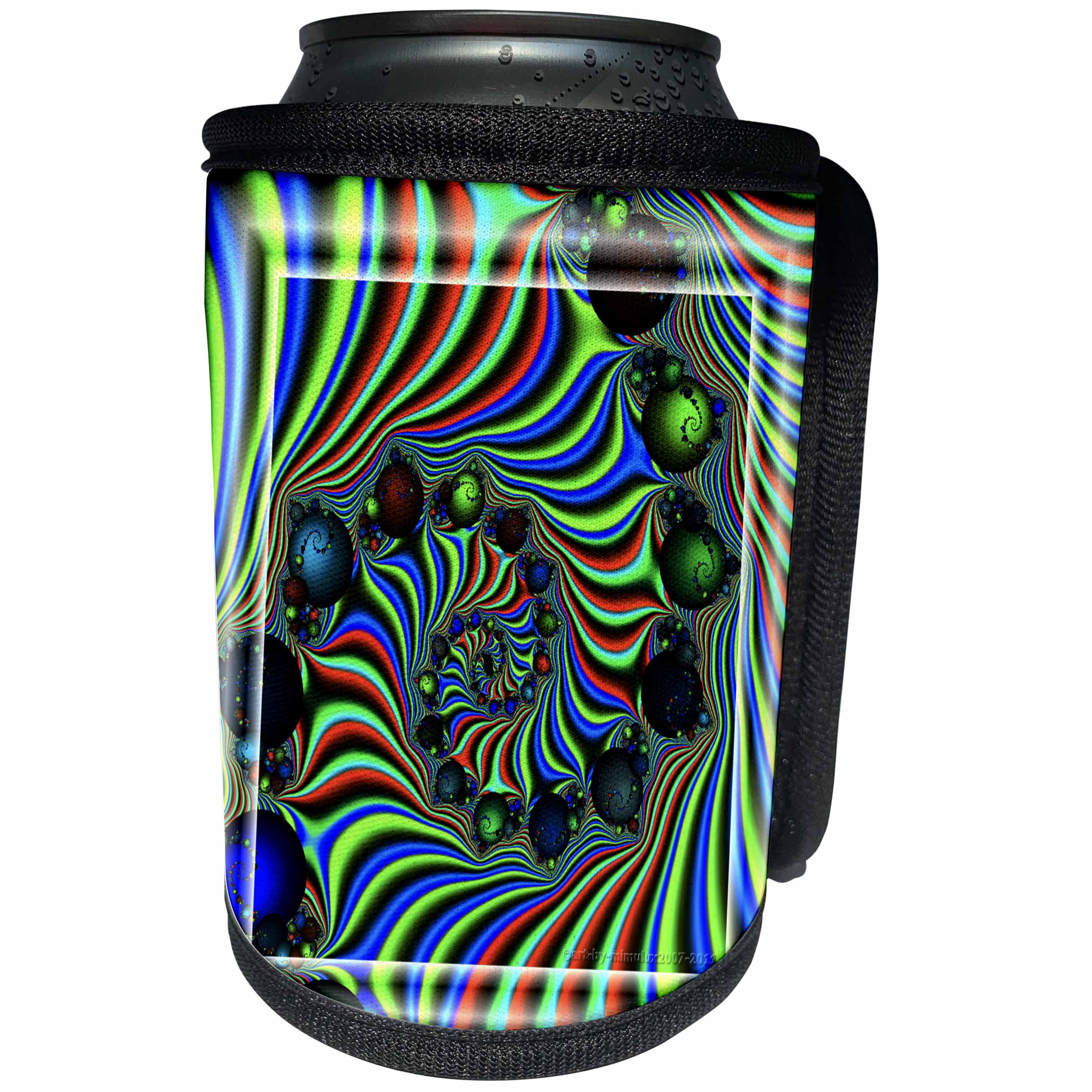 3dRose mimulux Psychedellic Art - PSYCHEDELLICA psychedellic green blue red green spiral spiralling baubles hypnotizing mesmerizing - Can Cooler Bottle Wrap (cc_26774)
