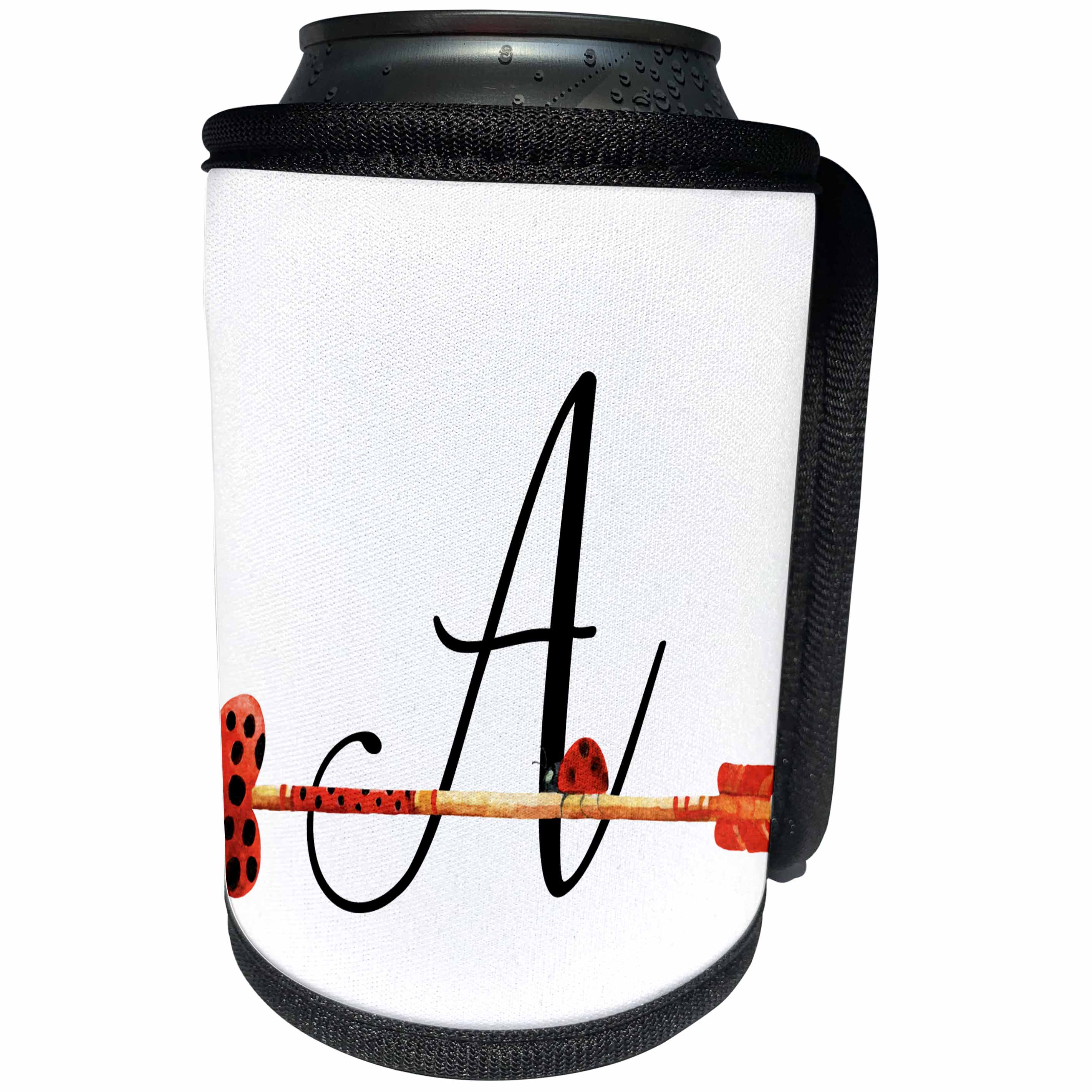 3dRose Anne Marie Baugh - Monograms - Cute Watercolor Red and Black Ladybug Heart Arrow Monogram A - Can Cooler Bottle Wrap (cc_267740)