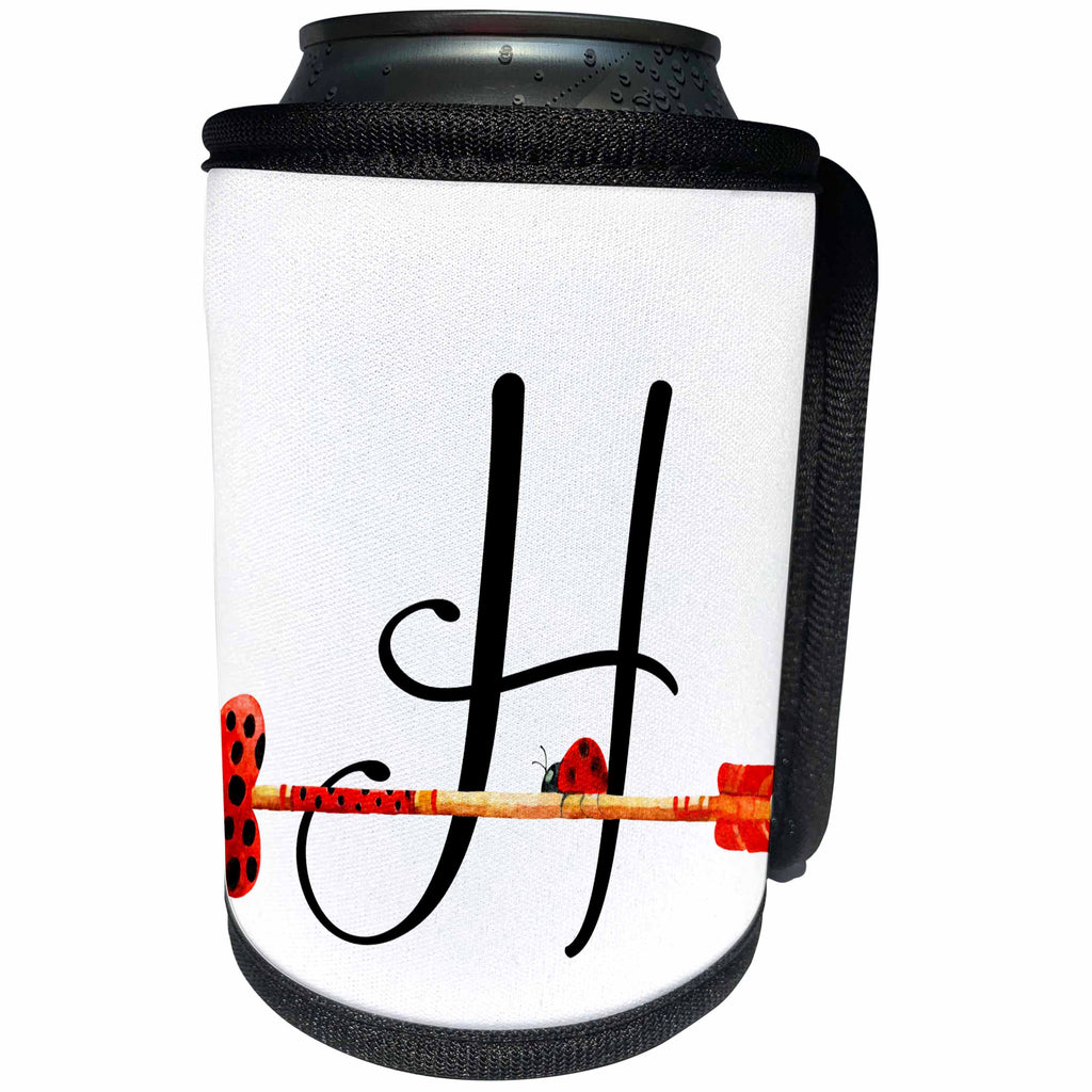 3dRose Anne Marie Baugh - Monograms - Cute Watercolor Red and Black Ladybug Heart Arrow Monogram H - Can Cooler Bottle Wrap (cc_267741)