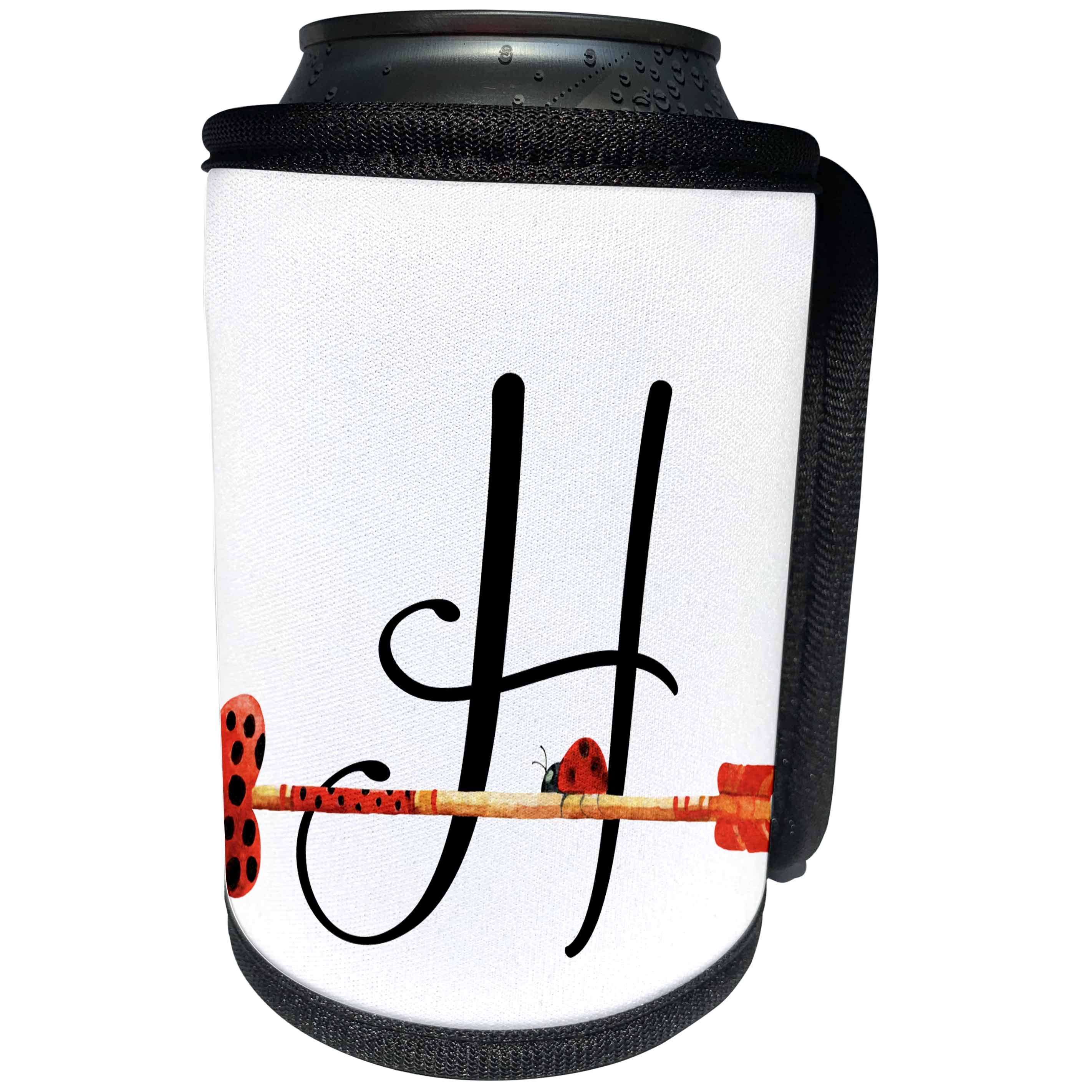 3dRose Anne Marie Baugh - Monograms - Cute Watercolor Red and Black Ladybug Heart Arrow Monogram H - Can Cooler Bottle Wrap (cc_267741)