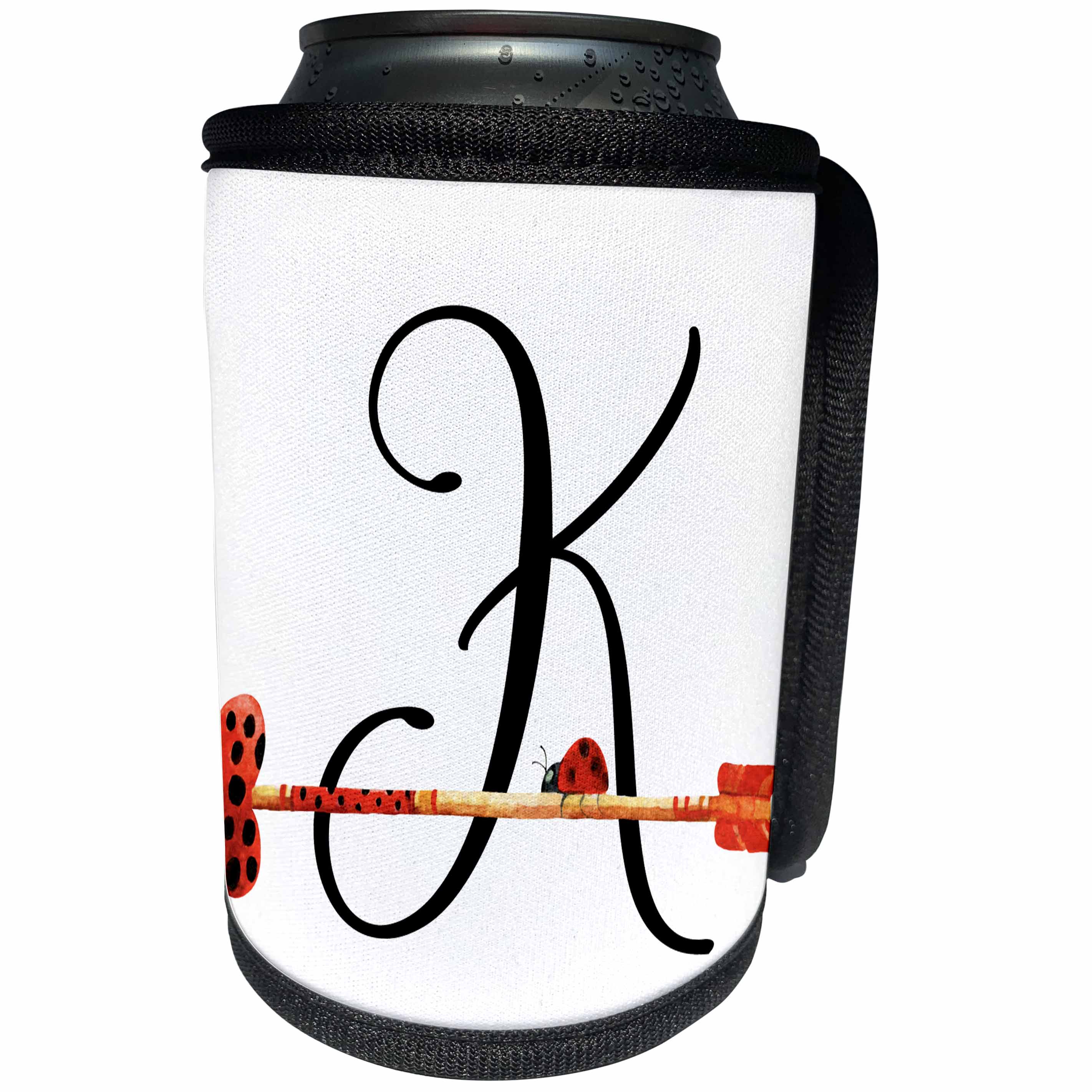 3dRose Anne Marie Baugh - Monograms - Cute Watercolor Red and Black Ladybug Heart Arrow Monogram K - Can Cooler Bottle Wrap (cc_267742)