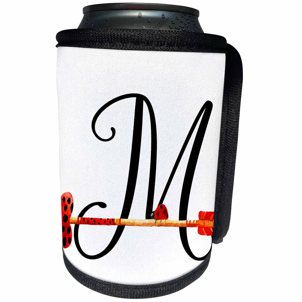 3dRose Anne Marie Baugh - Monograms - Cute Watercolor Red and Black Ladybug Heart Arrow Monogram M - Can Cooler Bottle Wrap (cc_267743)