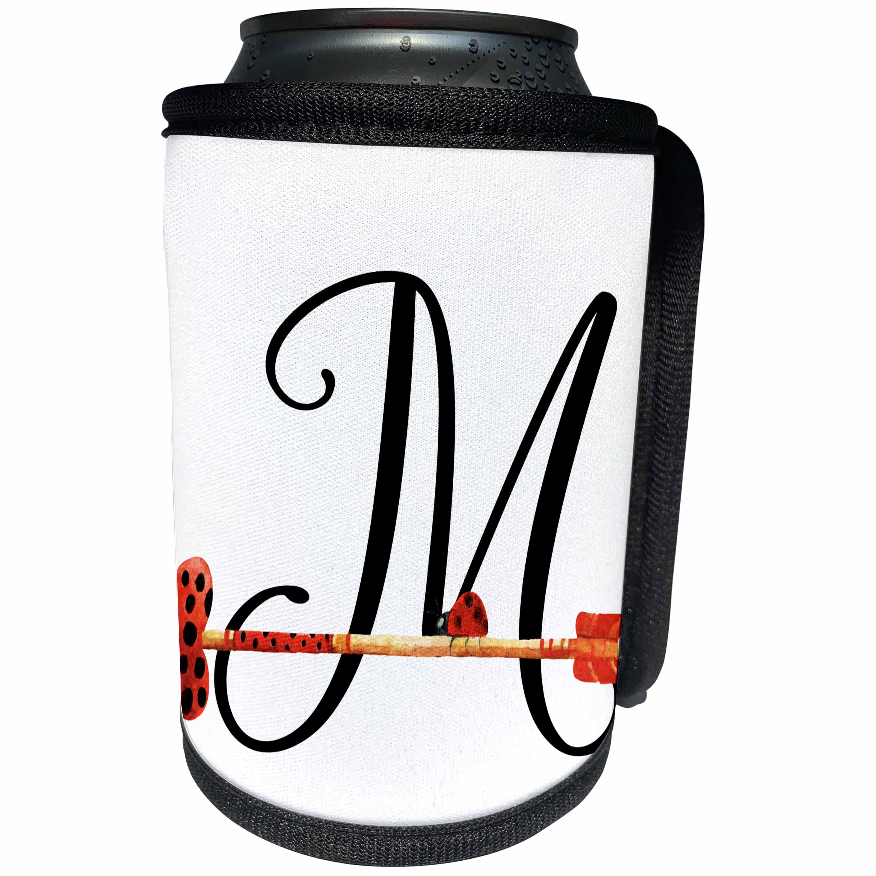 3dRose Anne Marie Baugh - Monograms - Cute Watercolor Red and Black Ladybug Heart Arrow Monogram M - Can Cooler Bottle Wrap (cc_267743)