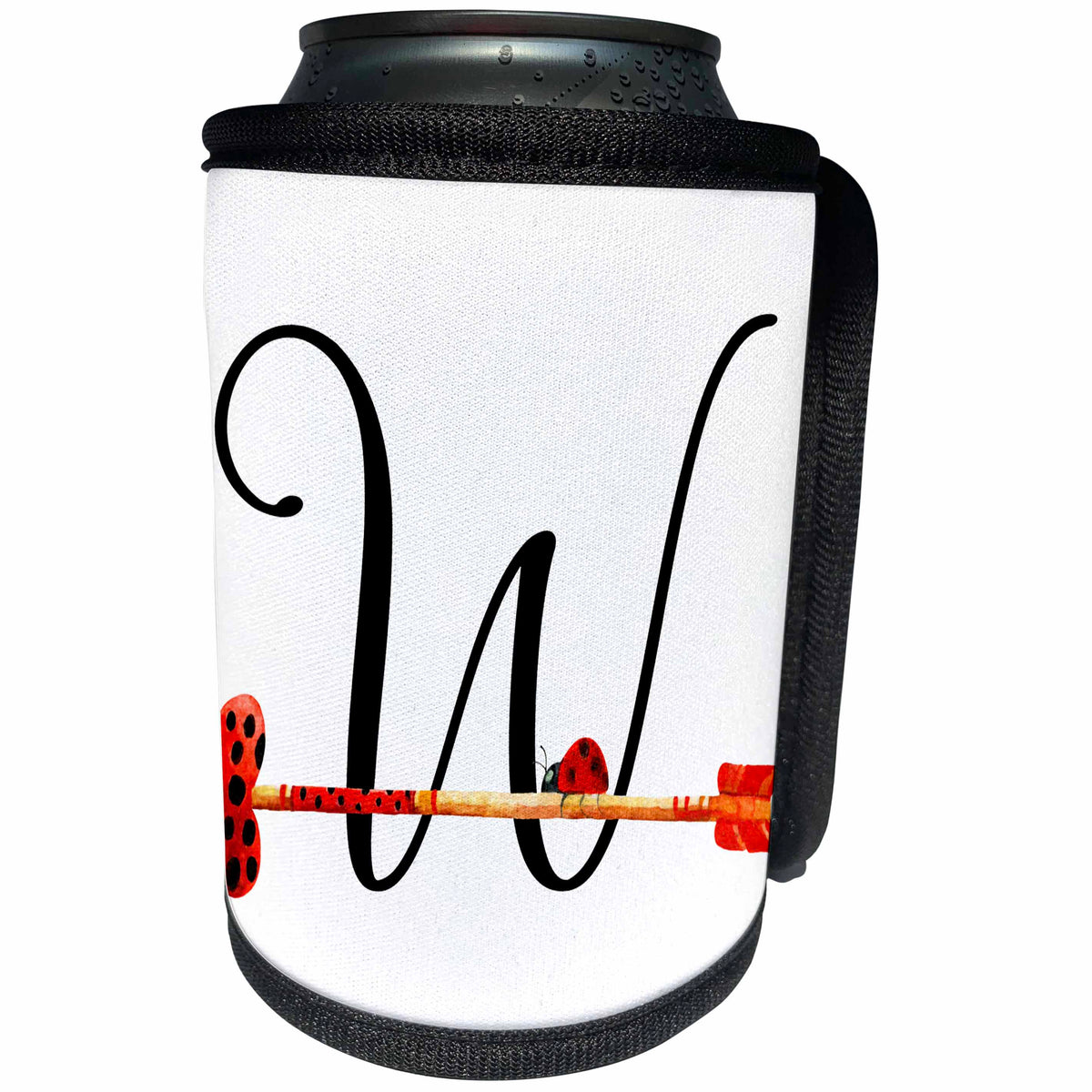 3dRose Anne Marie Baugh - Monograms - Cute Watercolor Red and Black Ladybug Heart Arrow Monogram W - Can Cooler Bottle Wrap (cc_267744)