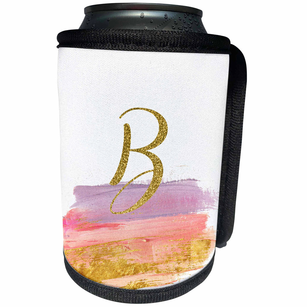 3dRose Anne Marie Baugh - Monograms - Modern Purple, Pink, Gold Brush Strokes Monogram B - Can Cooler Bottle Wrap (cc_267746)