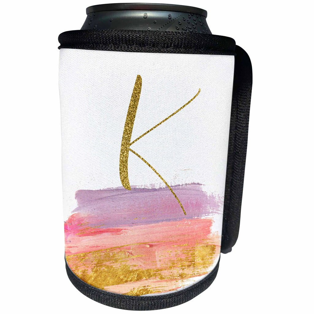 3dRose Anne Marie Baugh - Monograms - Modern Purple, Pink, Gold, Brush Strokes Monogram K - Can Cooler Bottle Wrap (cc_267748)