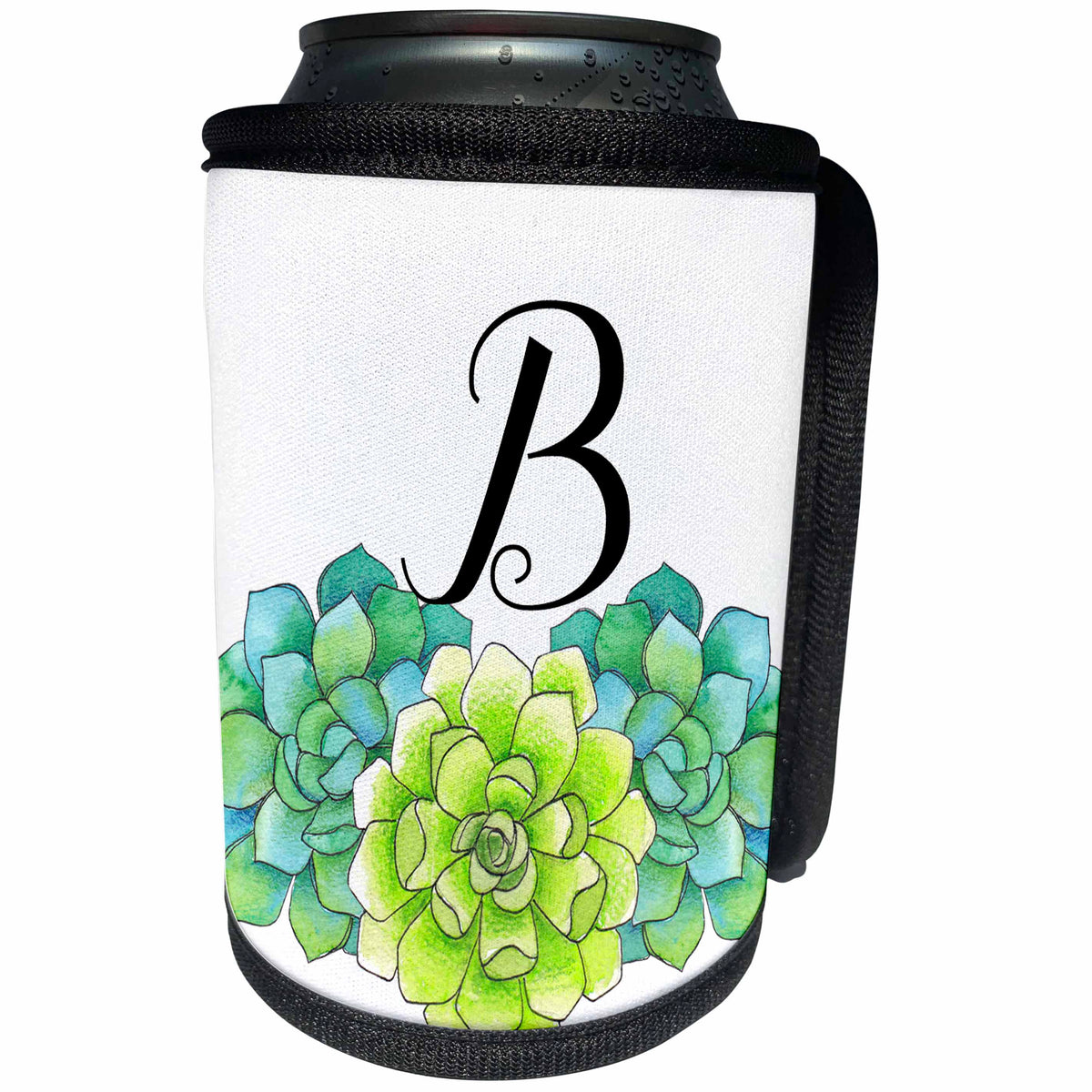 3dRose Anne Marie Baugh - Monograms - Pretty Watercolor Green Succulent Flowers Monogram B - Can Cooler Bottle Wrap (cc_267751)
