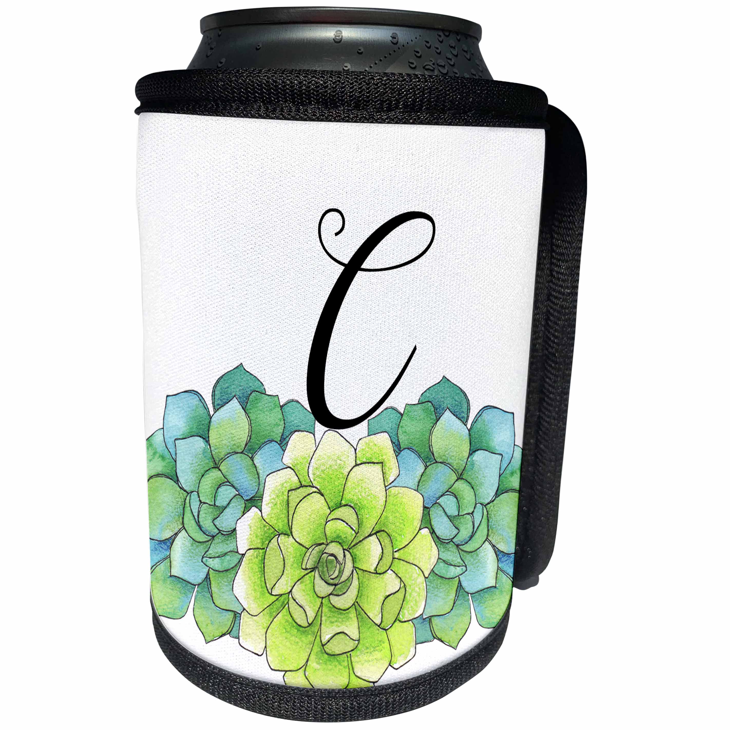 3dRose Anne Marie Baugh - Monograms - Pretty Watercolor Green Succulent Flowers Monogram C - Can Cooler Bottle Wrap (cc_267752)