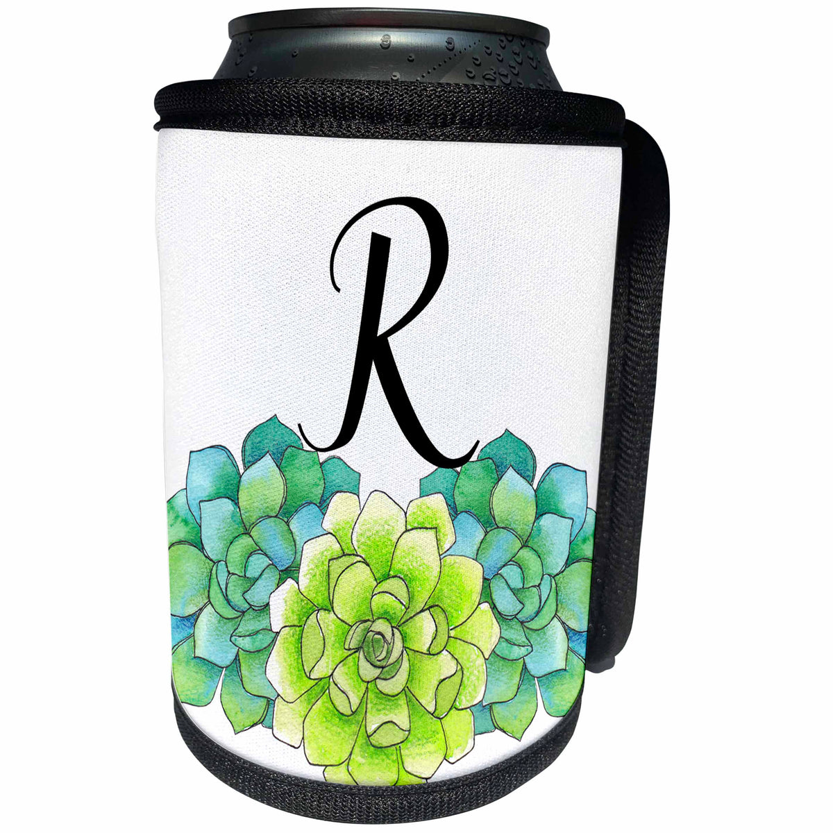 3dRose Anne Marie Baugh - Monograms - Pretty Watercolor Green Succulent Flowers Monogram R - Can Cooler Bottle Wrap (cc_267754)