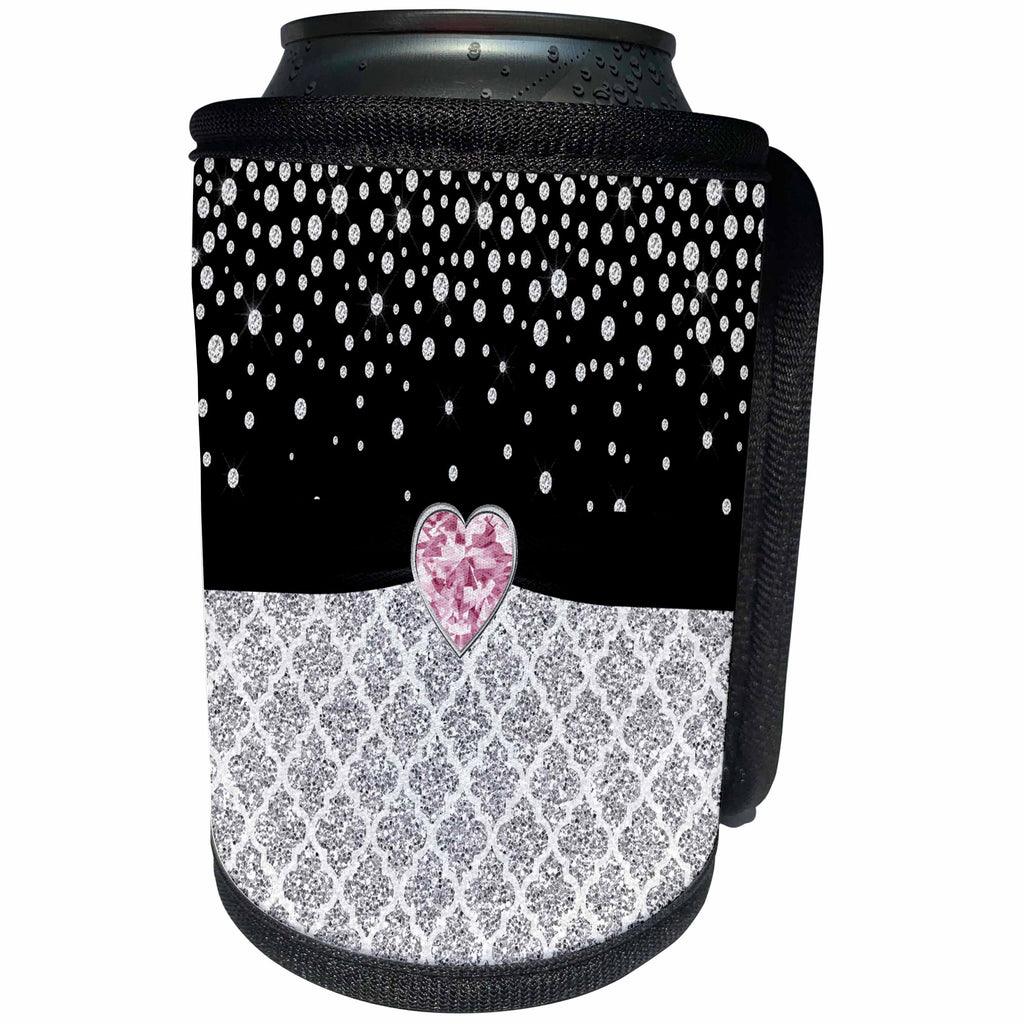 3dRose Anne Marie Baugh - Glitter and Chic - Glam Digital Silver Glitter Quatrefoil, Diamond and Pink Diamond Heart - Can Cooler Bottle Wrap (cc_267765)