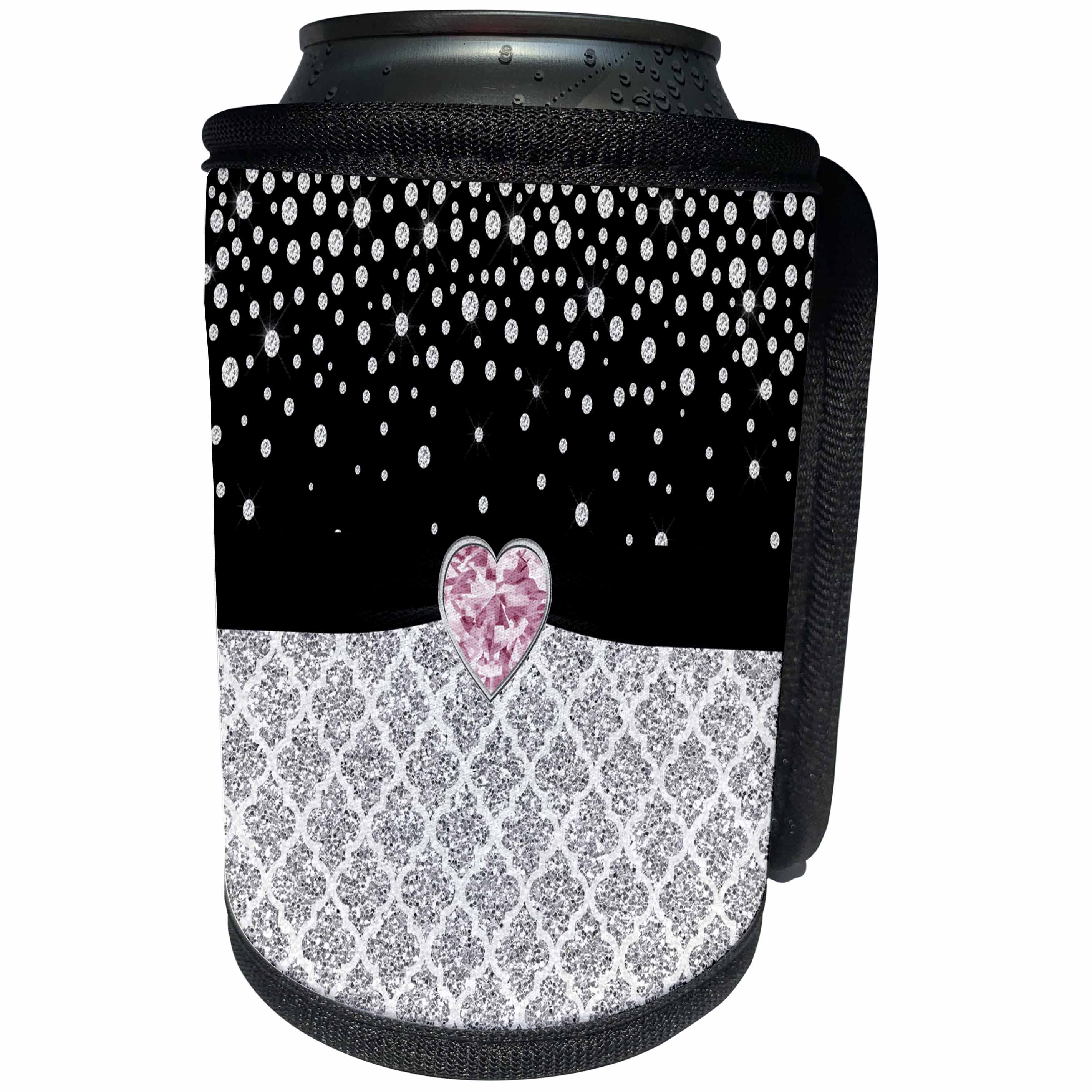 3dRose Anne Marie Baugh - Glitter and Chic - Glam Digital Silver Glitter Quatrefoil, Diamond and Pink Diamond Heart - Can Cooler Bottle Wrap (cc_267765)