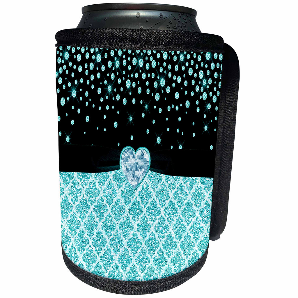 3dRose Anne Marie Baugh - Glitter and Chic - Glam Digital Turquoise Glitter Quatrefoil Diamond and Jewel Design - Can Cooler Bottle Wrap (cc_267768)
