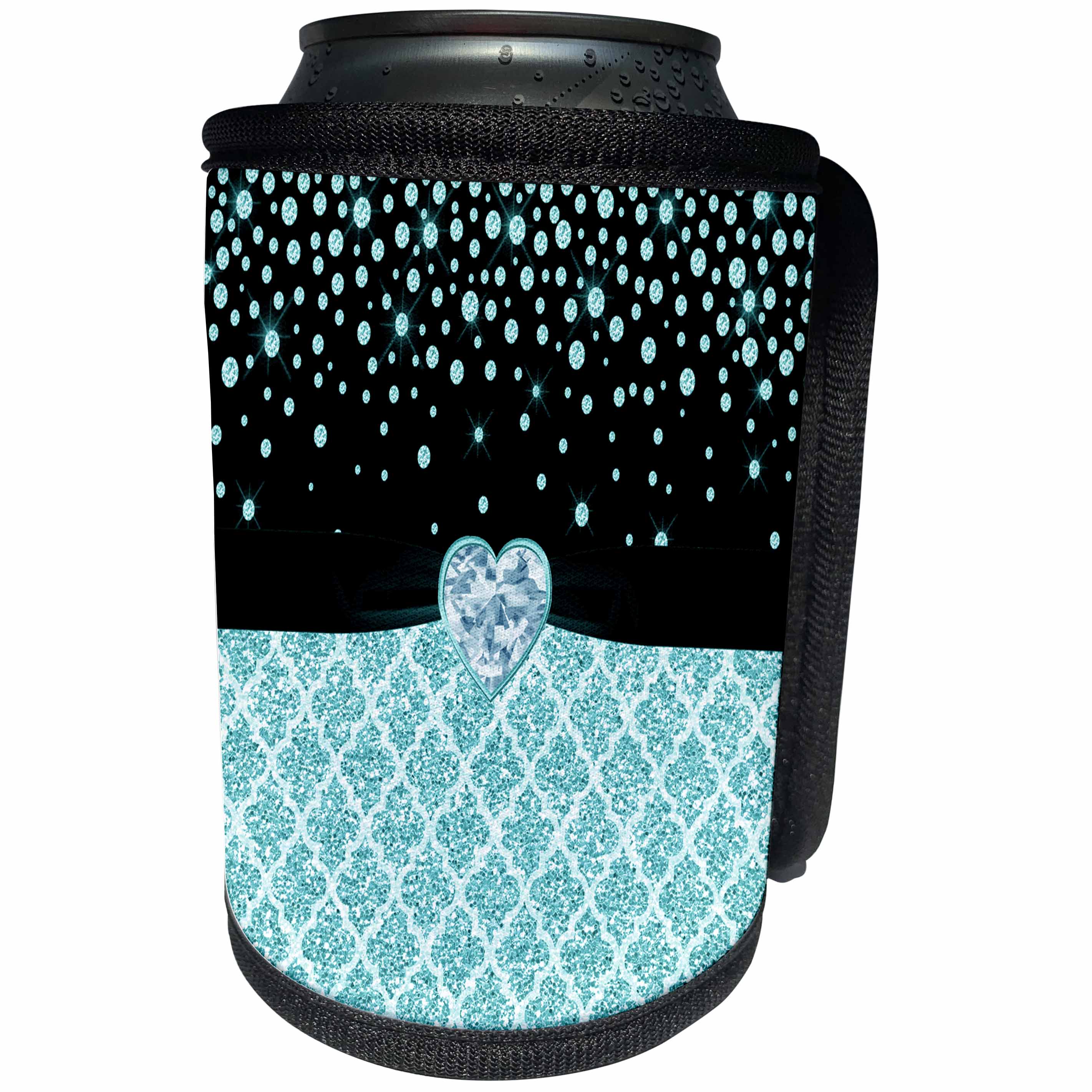 3dRose Anne Marie Baugh - Glitter and Chic - Glam Digital Turquoise Glitter Quatrefoil Diamond and Jewel Design - Can Cooler Bottle Wrap (cc_267768)