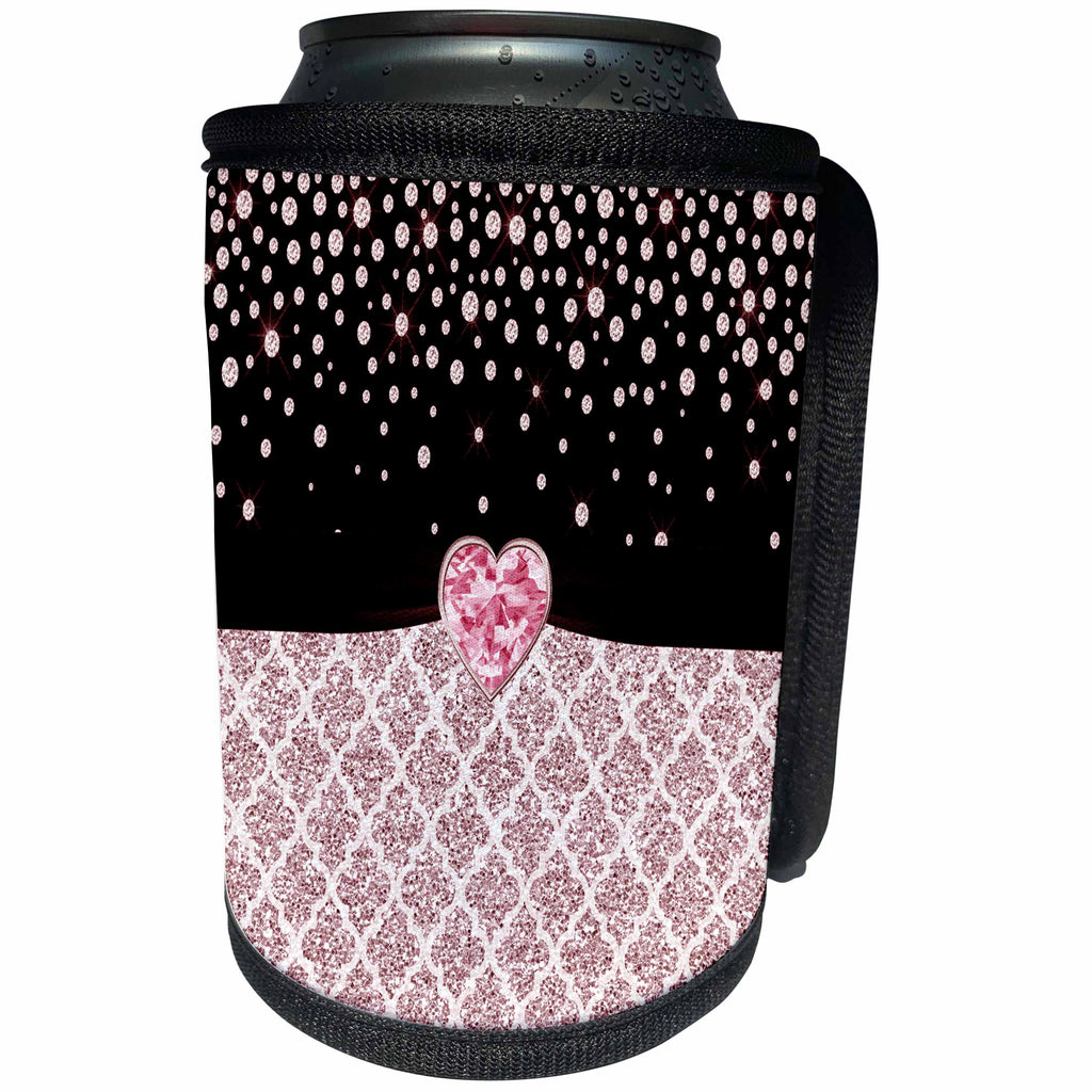 3dRose Anne Marie Baugh - Glitter and Chic - Glam Digital Pink Glitter Quatrefoil Diamond and Jewel Design - Can Cooler Bottle Wrap (cc_267769)
