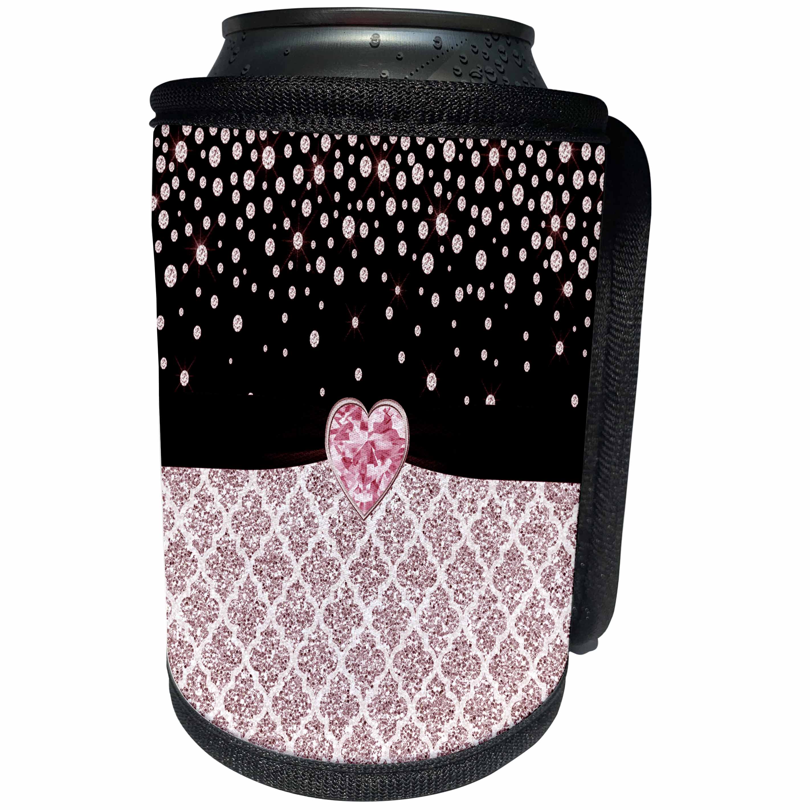 3dRose Anne Marie Baugh - Glitter and Chic - Glam Digital Pink Glitter Quatrefoil Diamond and Jewel Design - Can Cooler Bottle Wrap (cc_267769)