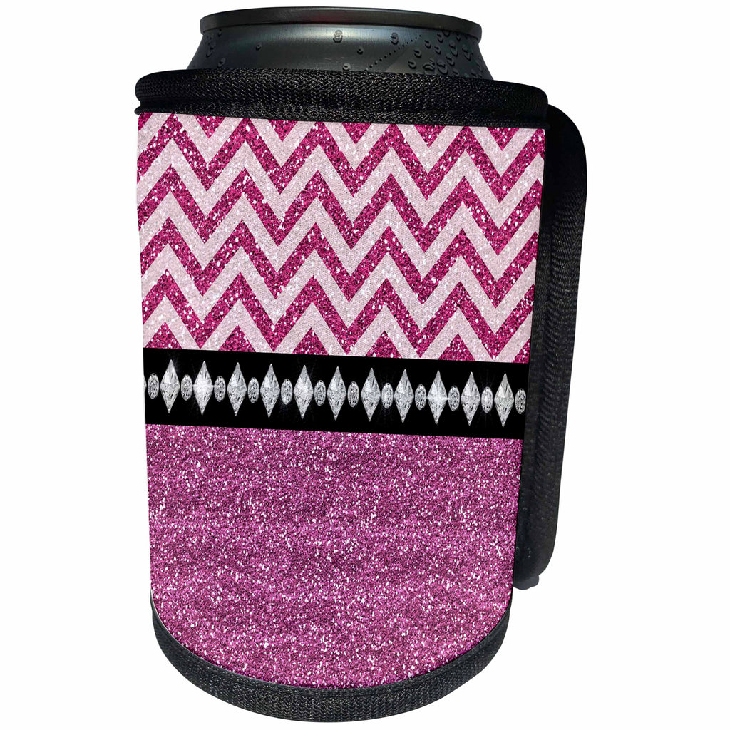3dRose Anne Marie Baugh - Glitter and Chic - Glam Pink Digital Glitter Chevron Stripes and Diamond Design - Can Cooler Bottle Wrap (cc_267770)