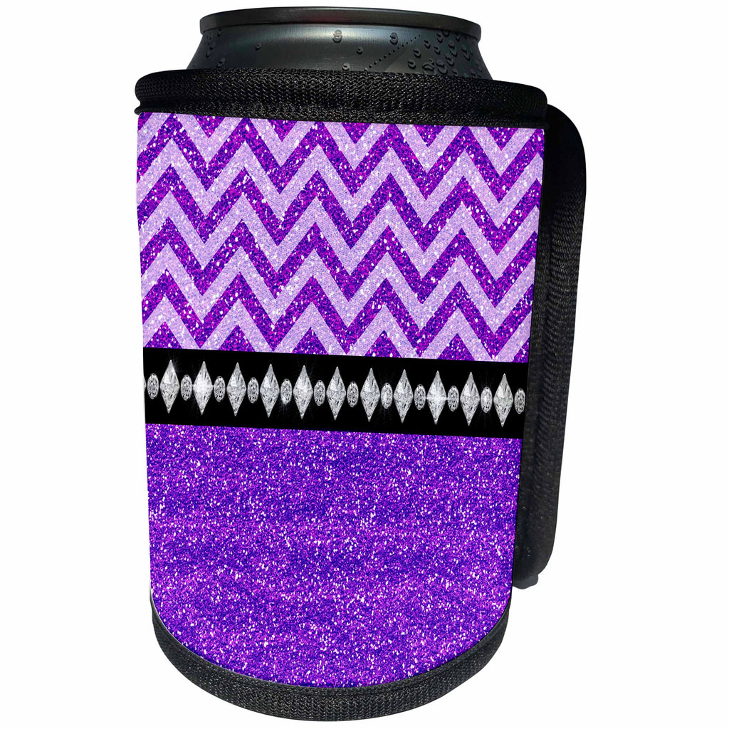 3dRose Anne Marie Baugh - Glitter and Chic - Pretty Purple Digital Glitter Chevron Stripes and Diamond Design - Can Cooler Bottle Wrap (cc_267772)