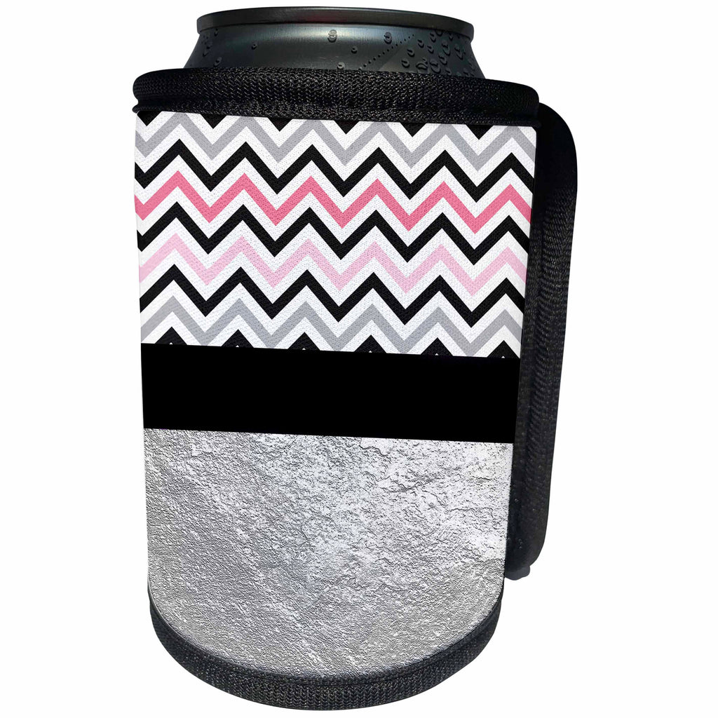 3dRose Anne Marie Baugh - Glitter and Chic - Pretty Pink, Gray, Black Chevron Stripes Silver Design - Can Cooler Bottle Wrap (cc_267779)